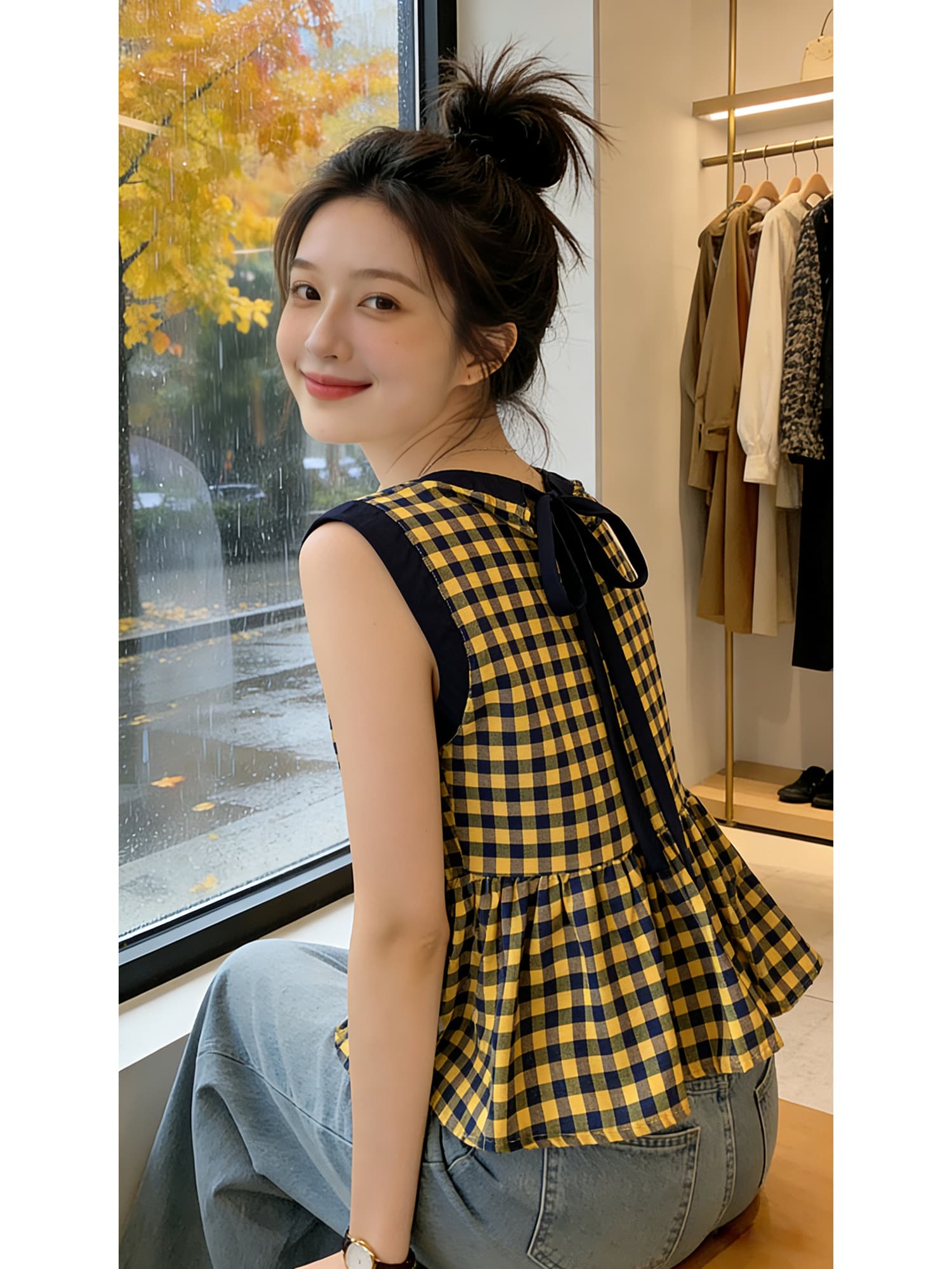 실사 레트로 배색 체크무늬 조끼 달콤한 핫걸 체크무늬 맨위 여성 여름 새로운 고급 센스 셔츠 조끼 상세 이미지 3