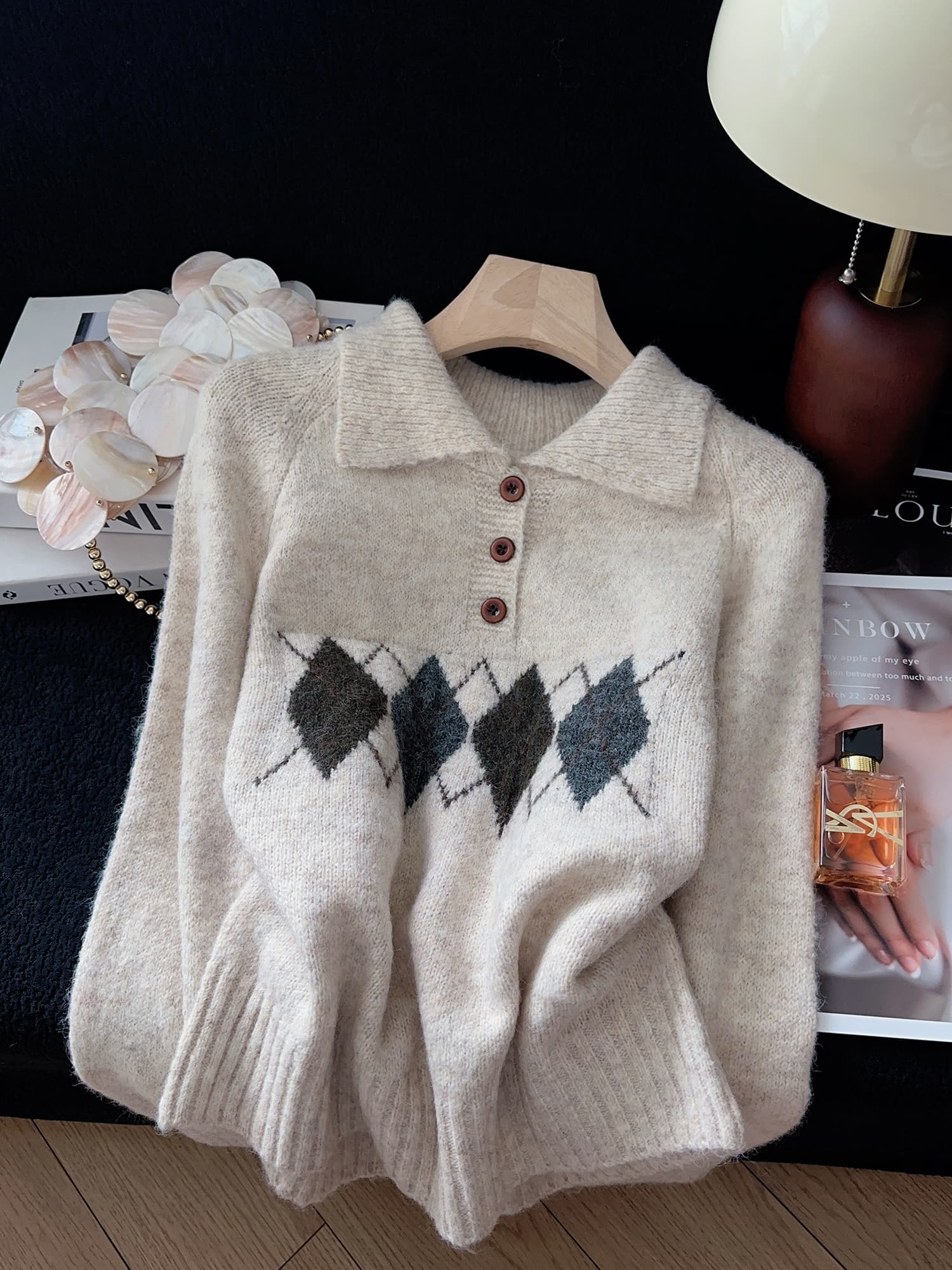 실사 가을 겨울 새로운 링 그리드 POLO 칼라 스웨터 느긋한 바람 루즈핏 풀오버 니트 스웨터 chic 맨위 여성 상세 이미지 3