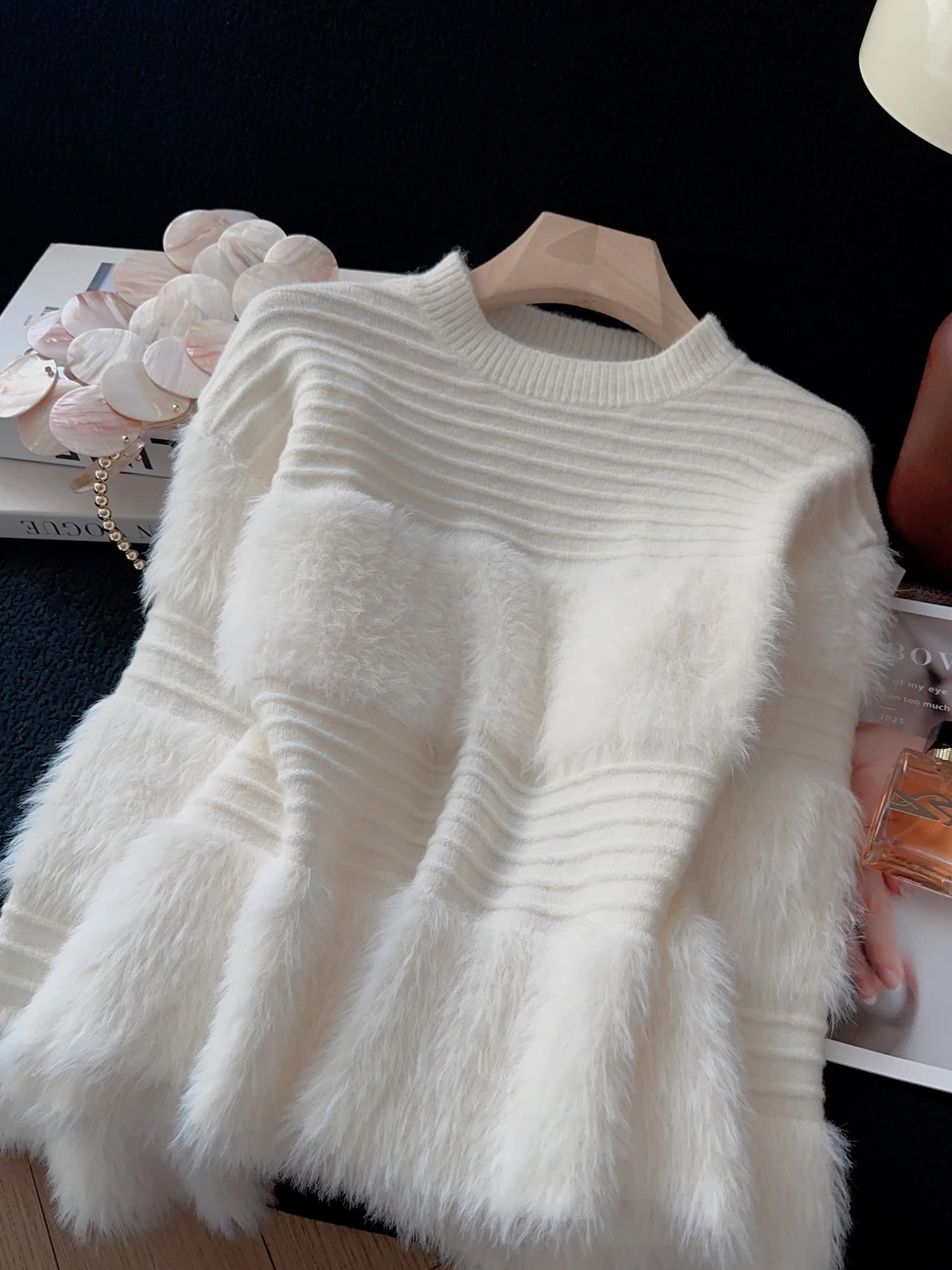 실사 가을 겨울 디자인 센스 모방 수달 털 패치워크 스트라이프 스웨터 여자 다용도 라운드 넥 풀오버 니트 스웨터 상세 이미지 7