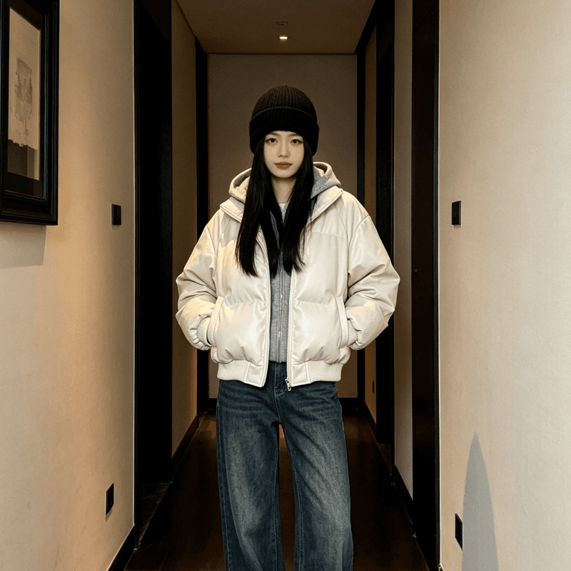 한국 스타일 후드티 후드 페이크 레이어드 면 의류 가죽 재킷 학생 패딩 재킷 배색 후드 아래 면화 의류 여성 재킷