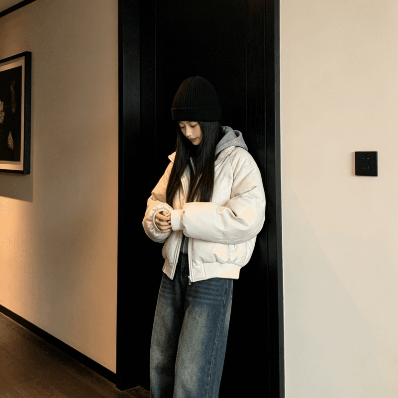 한국 스타일 후드티 후드 페이크 레이어드 면 의류 가죽 재킷 학생 패딩 재킷 배색 후드 아래 면화 의류 여성 재킷 상세 이미지 4