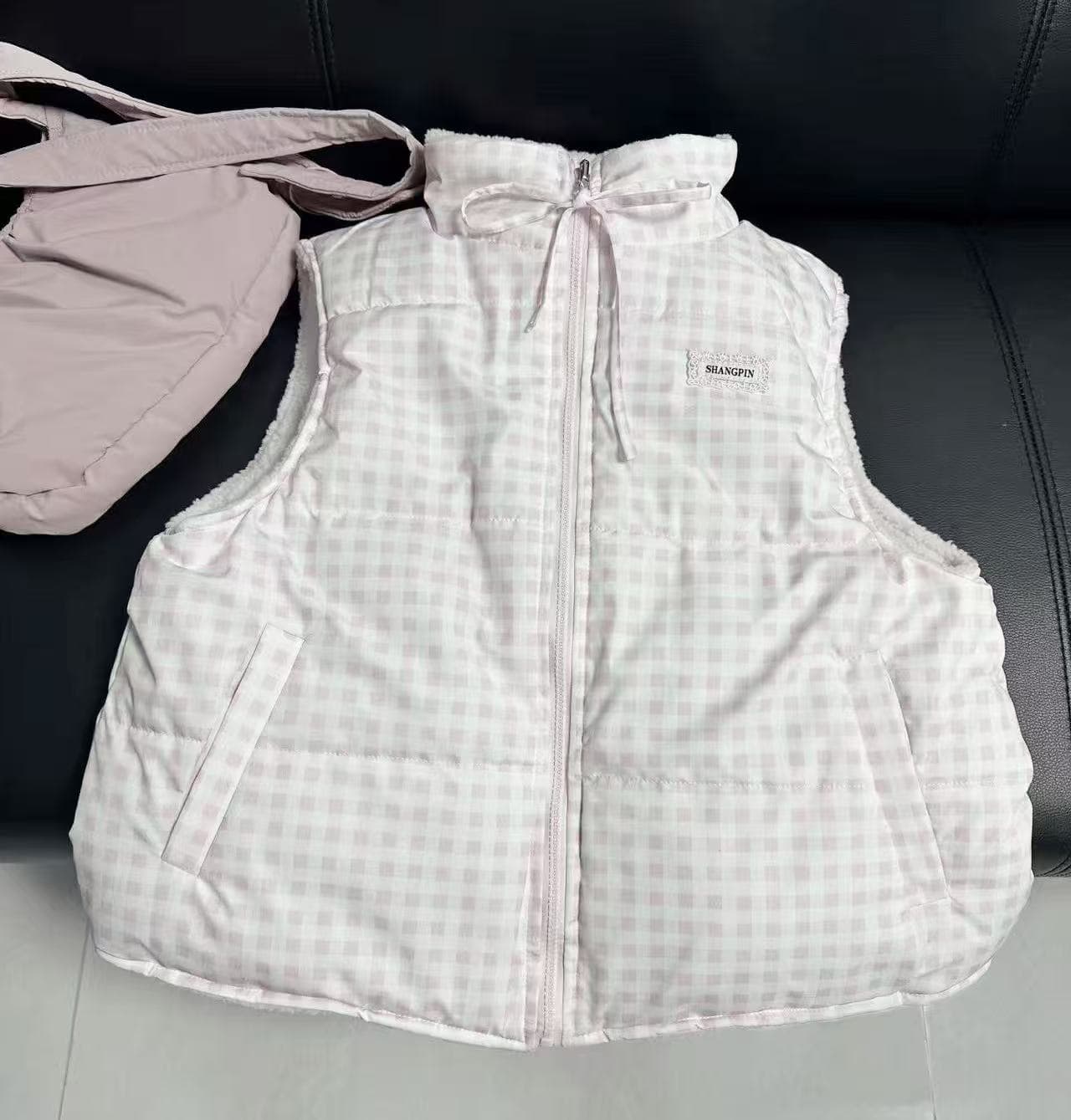 theture 첫 눈 달콤한 섬 다운 재킷 베스트 여성 코트 스탠드 칼라 두꺼운 보온 조끼 가을 겨울 새로운 체크무늬 상세 이미지 1
