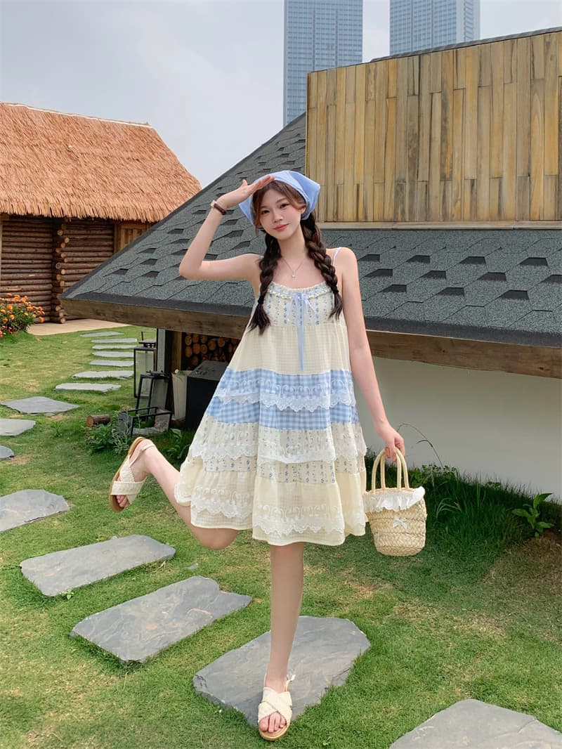 실사 부드러운 달콤한 부서 꽃무늬 패치워크 블루 체크무늬 슬립 드레스 루즈핏 드레스 여름 레이스 치마 상세 이미지 14