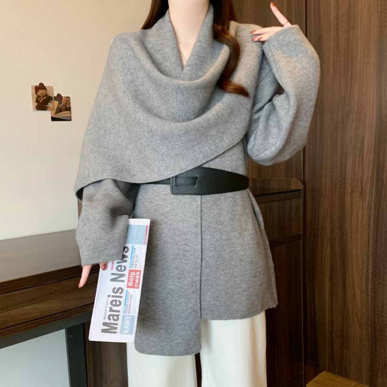 실사 빅 사이즈 다우 시시 사슴 가을 겨울 루즈핏 느긋한 바람 재킷 한국 스타일 스카프 칼라 망토 니트 스웨터 이미지 4