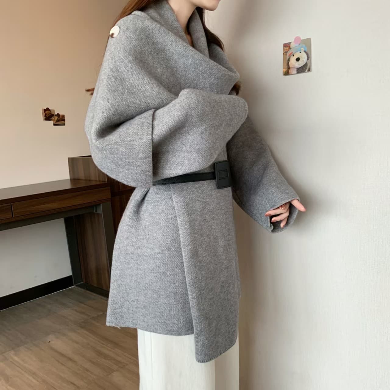 실사 빅 사이즈 다우 시시 사슴 가을 겨울 루즈핏 느긋한 바람 재킷 한국 스타일 스카프 칼라 망토 니트 스웨터 상세 이미지 3