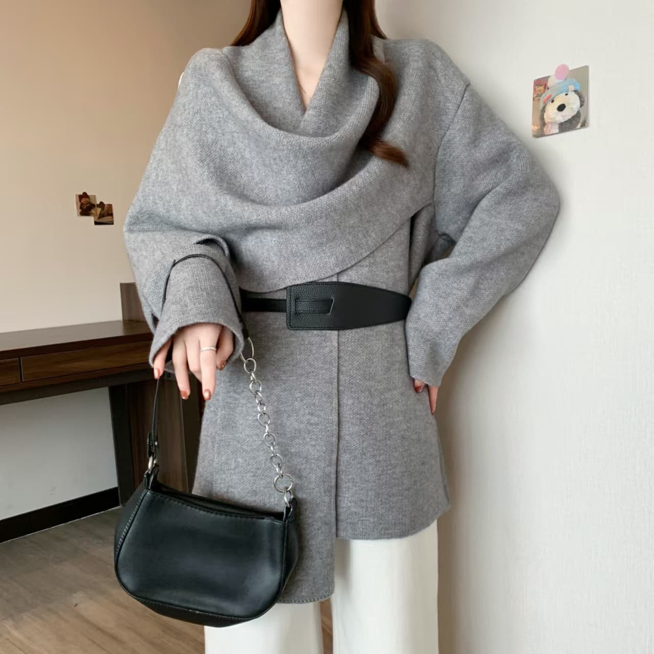 실사 빅 사이즈 다우 시시 사슴 가을 겨울 루즈핏 느긋한 바람 재킷 한국 스타일 스카프 칼라 망토 니트 스웨터 상세 이미지 10