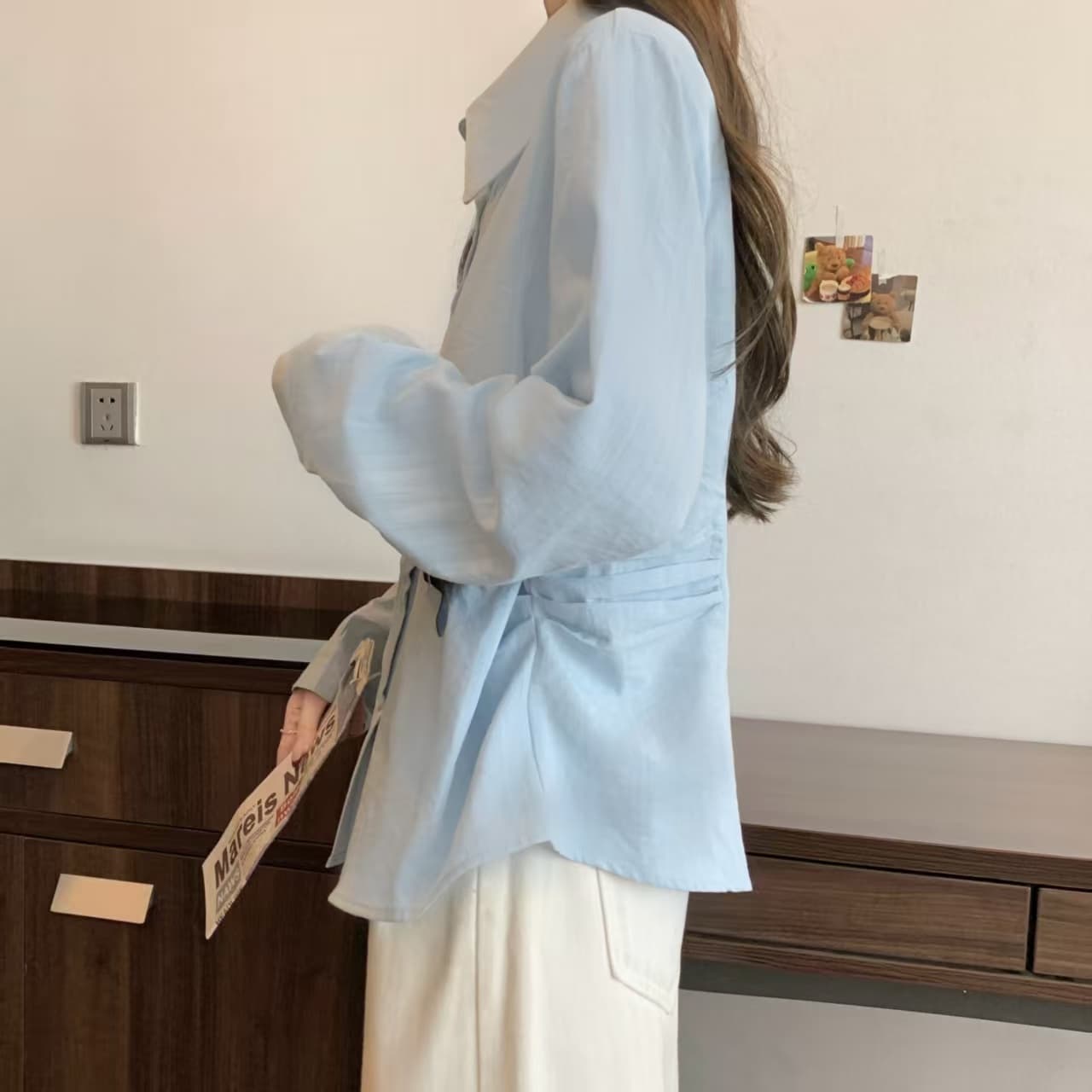 실사 Chic 파란색 셔츠 2026 새로운 봄 빅 사이즈 여성 의류 지방 mm 허리 수축 레이스업 표지 배 긴팔 맨위 상세 이미지 3