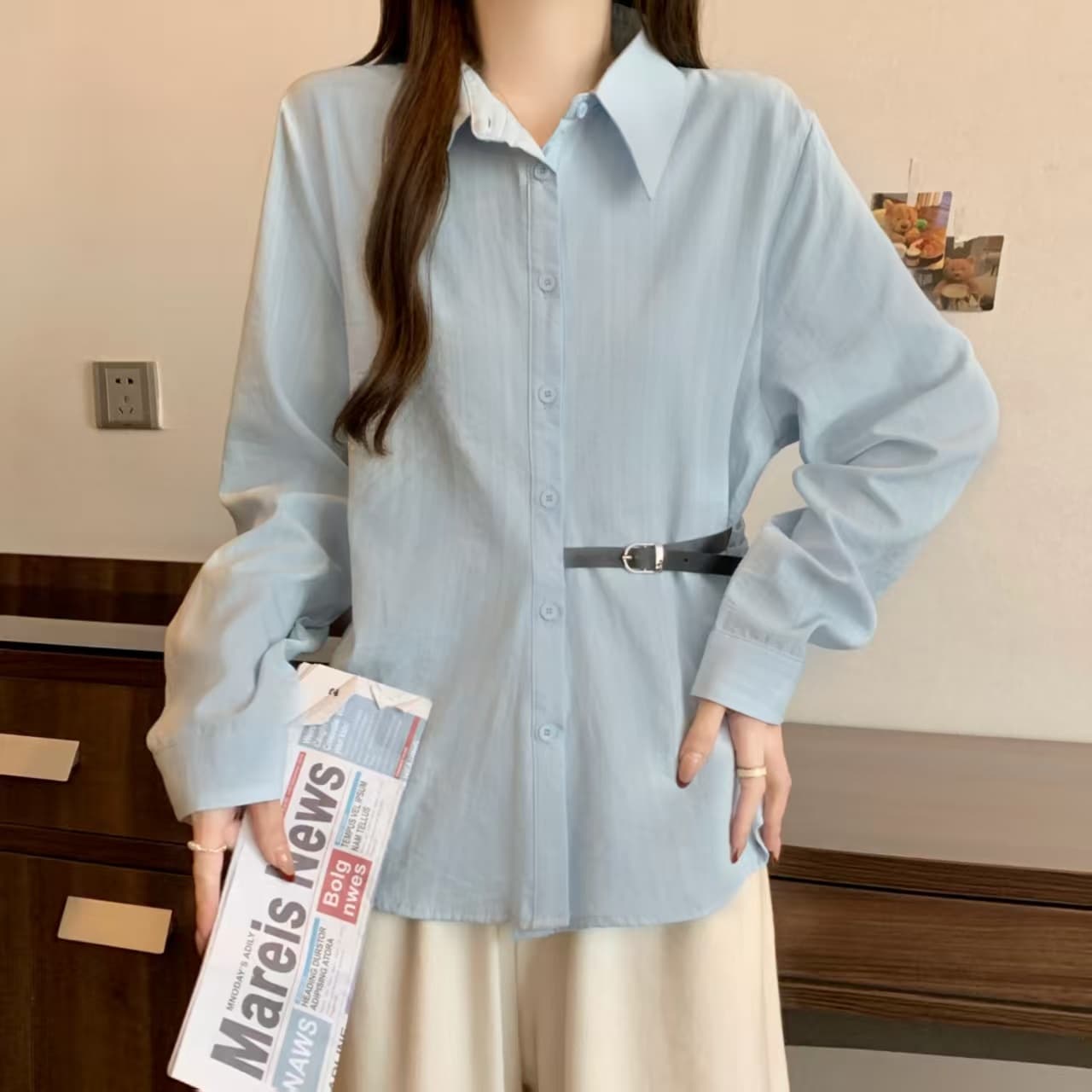 실사 Chic 파란색 셔츠 2026 새로운 봄 빅 사이즈 여성 의류 지방 mm 허리 수축 레이스업 표지 배 긴팔 맨위 상세 이미지 5