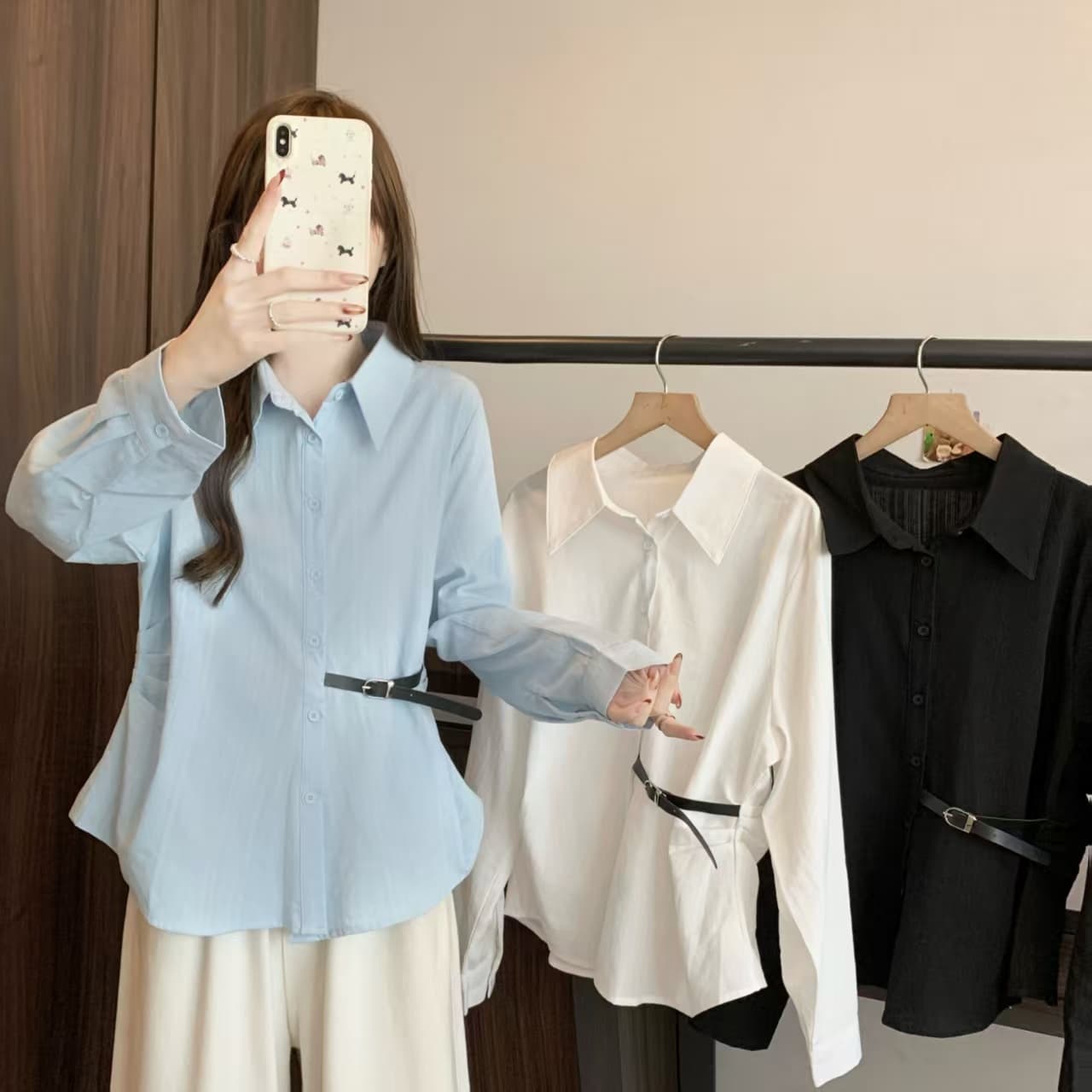 실사 Chic 파란색 셔츠 2026 새로운 봄 빅 사이즈 여성 의류 지방 mm 허리 수축 레이스업 표지 배 긴팔 맨위 상세 이미지 7
