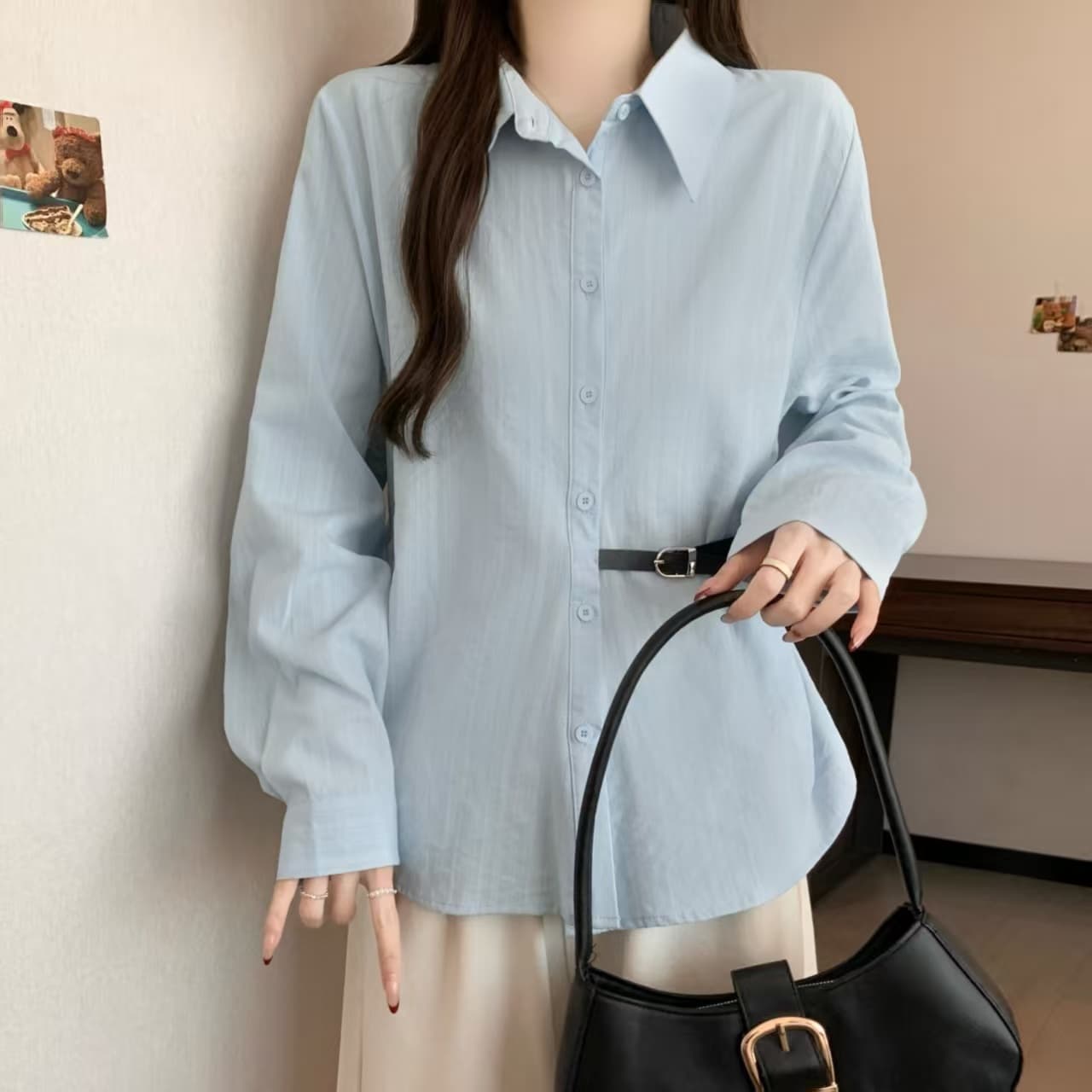 실사 Chic 파란색 셔츠 2026 새로운 봄 빅 사이즈 여성 의류 지방 mm 허리 수축 레이스업 표지 배 긴팔 맨위 상세 이미지 8