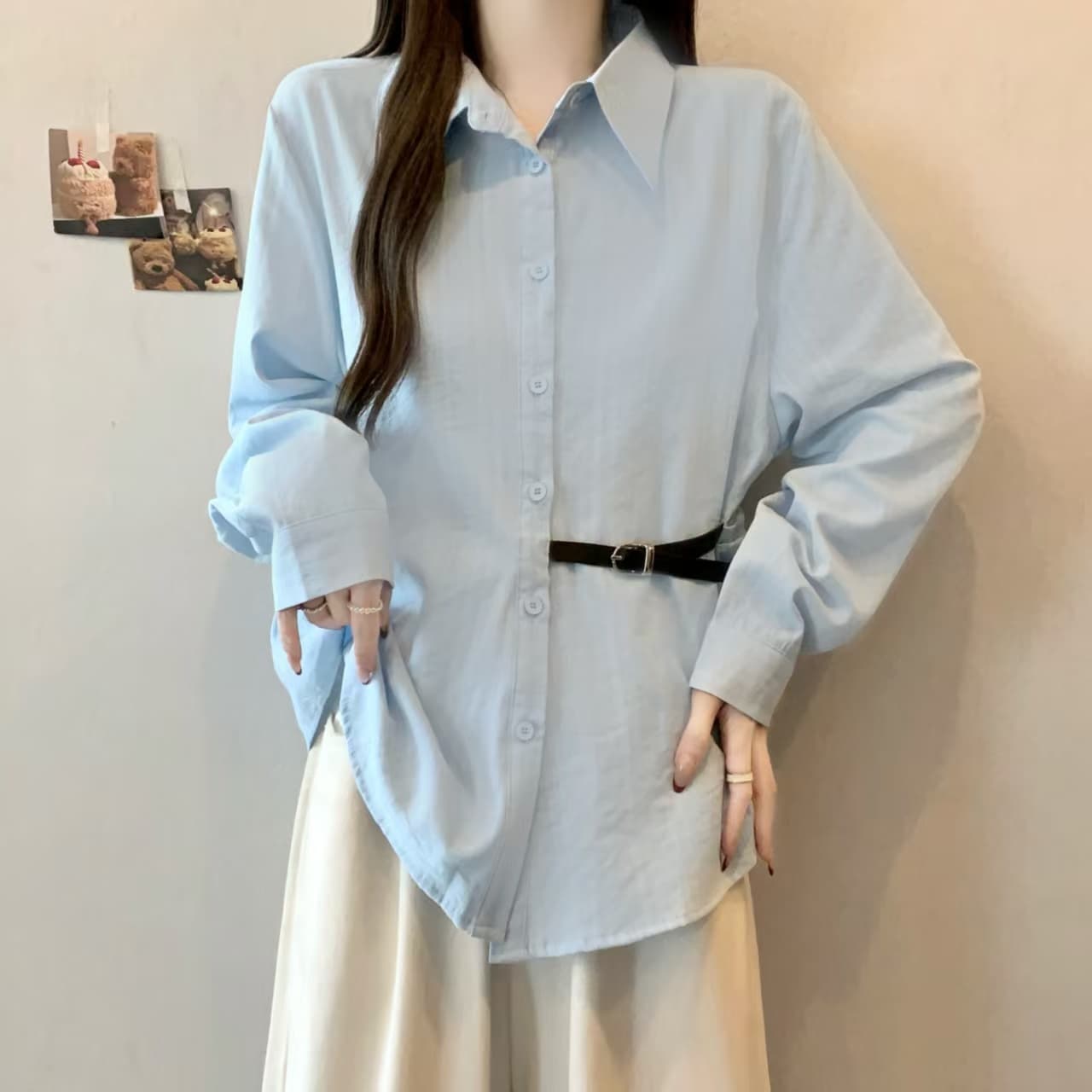 실사 Chic 파란색 셔츠 2026 새로운 봄 빅 사이즈 여성 의류 지방 mm 허리 수축 레이스업 표지 배 긴팔 맨위 상세 이미지 10