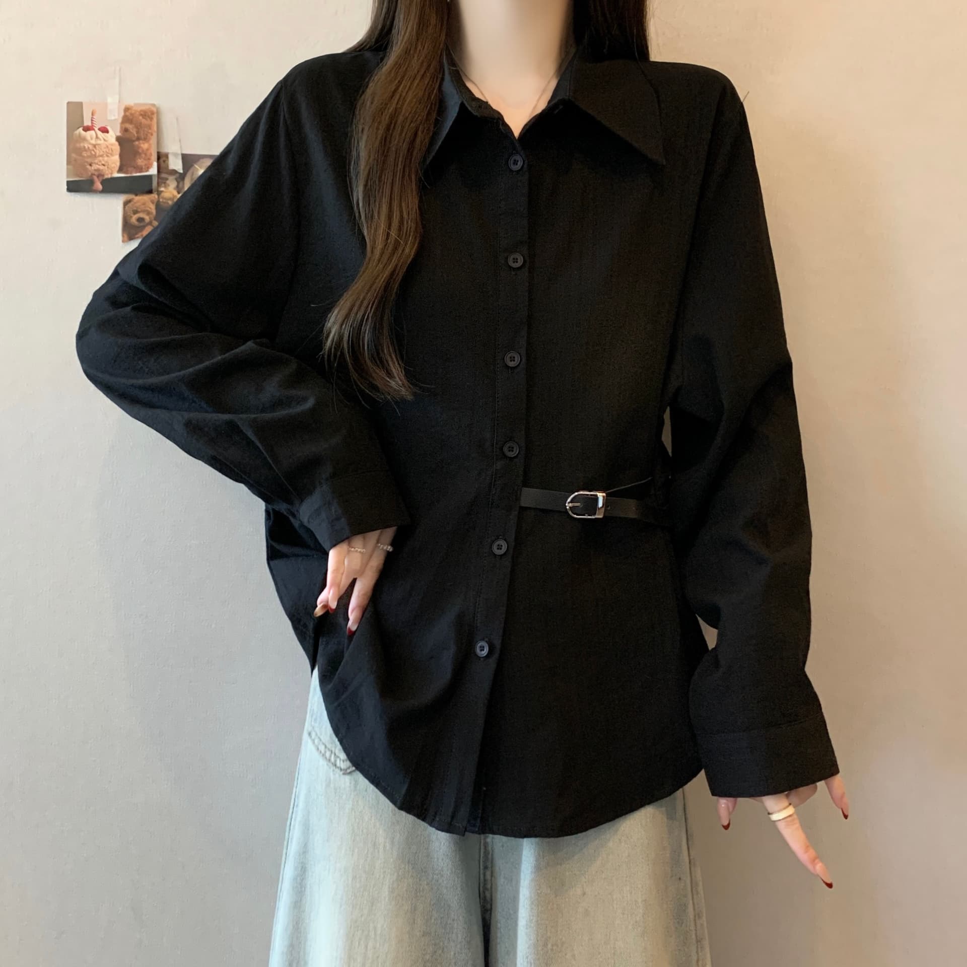 실사 Chic 파란색 셔츠 2026 새로운 봄 빅 사이즈 여성 의류 지방 mm 허리 수축 레이스업 표지 배 긴팔 맨위 상세 이미지 12