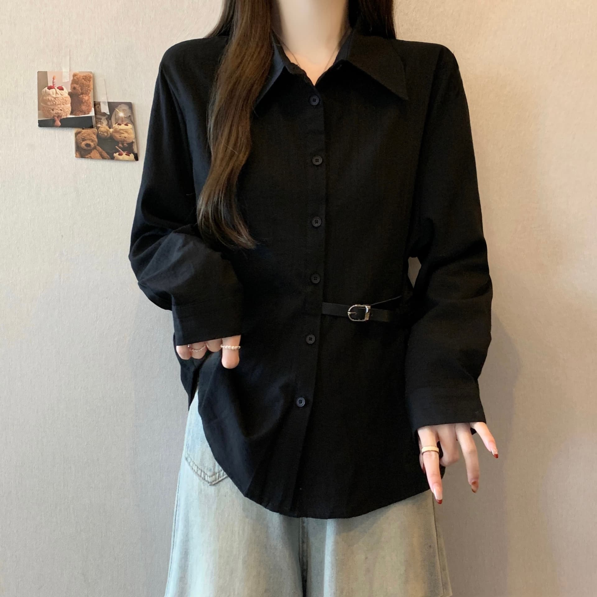 실사 Chic 파란색 셔츠 2026 새로운 봄 빅 사이즈 여성 의류 지방 mm 허리 수축 레이스업 표지 배 긴팔 맨위 상세 이미지 14
