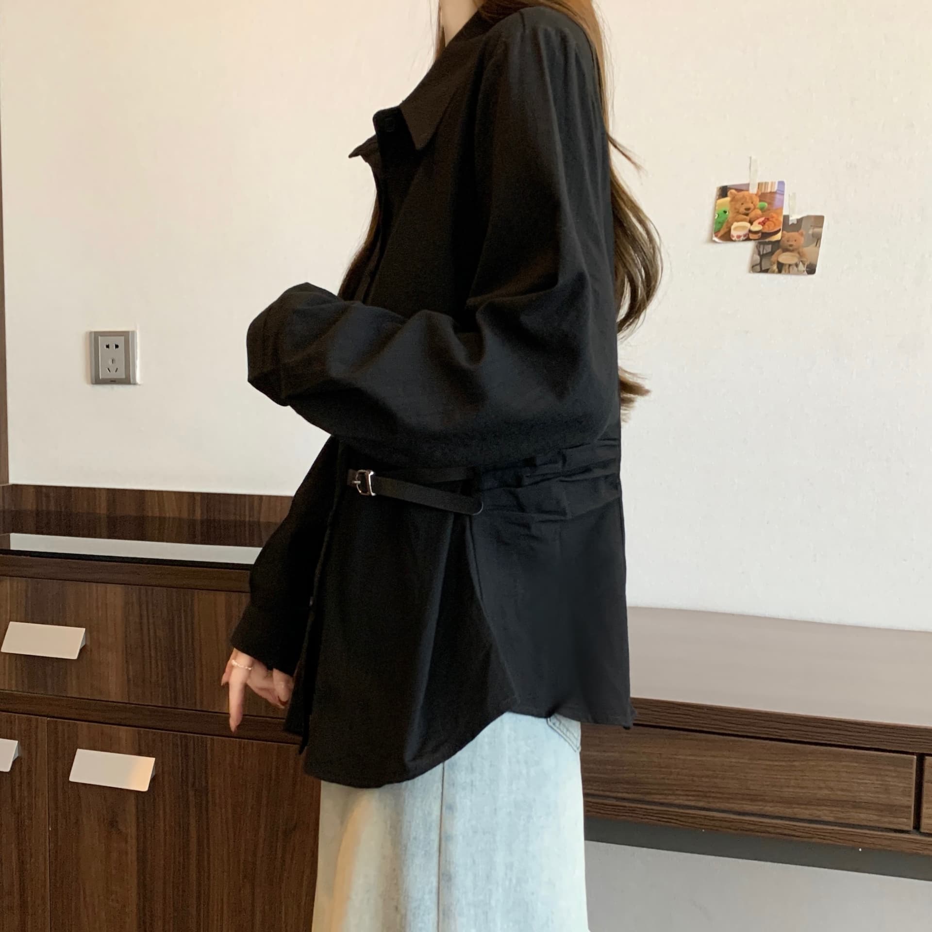 실사 Chic 파란색 셔츠 2026 새로운 봄 빅 사이즈 여성 의류 지방 mm 허리 수축 레이스업 표지 배 긴팔 맨위 상세 이미지 17