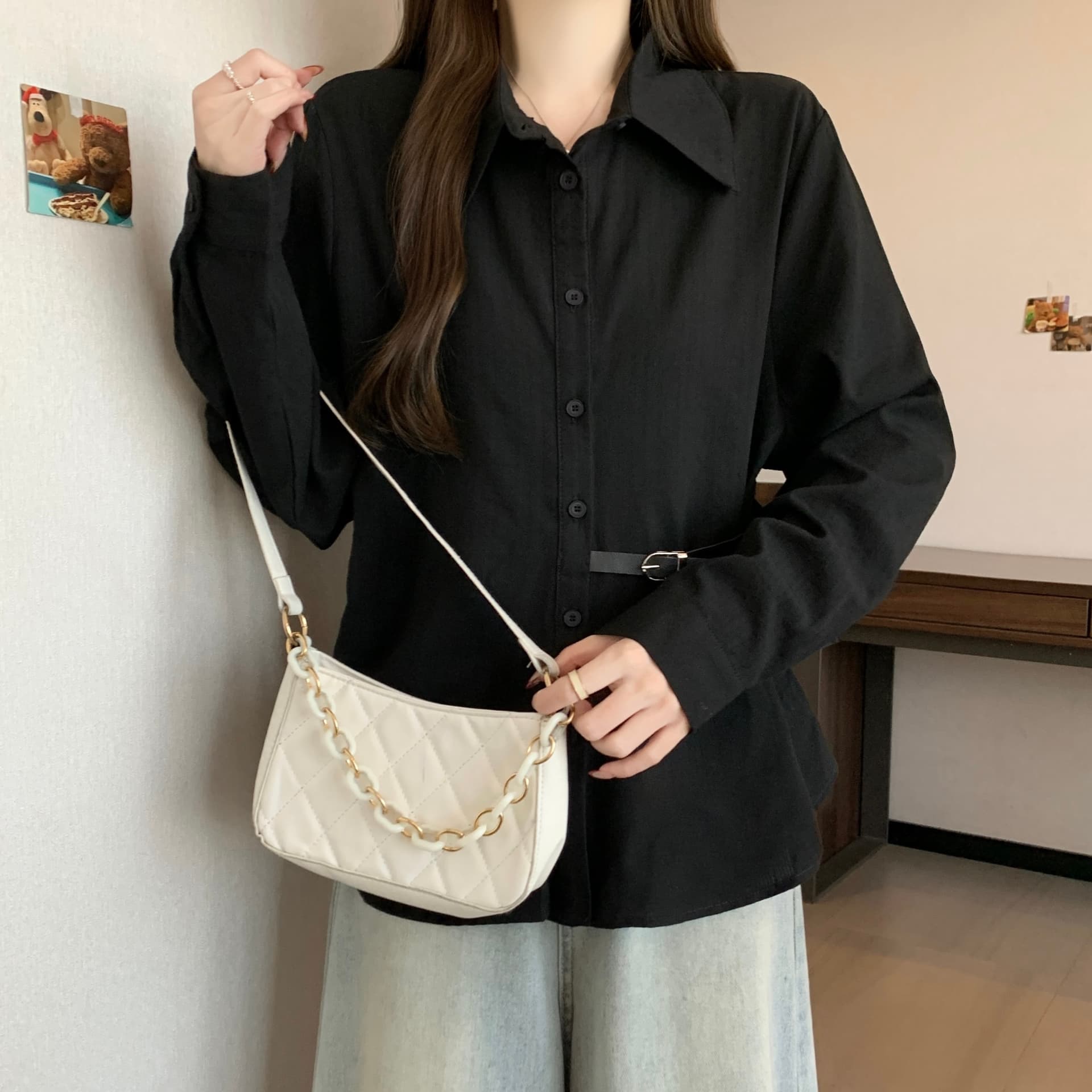 실사 Chic 파란색 셔츠 2026 새로운 봄 빅 사이즈 여성 의류 지방 mm 허리 수축 레이스업 표지 배 긴팔 맨위 상세 이미지 19