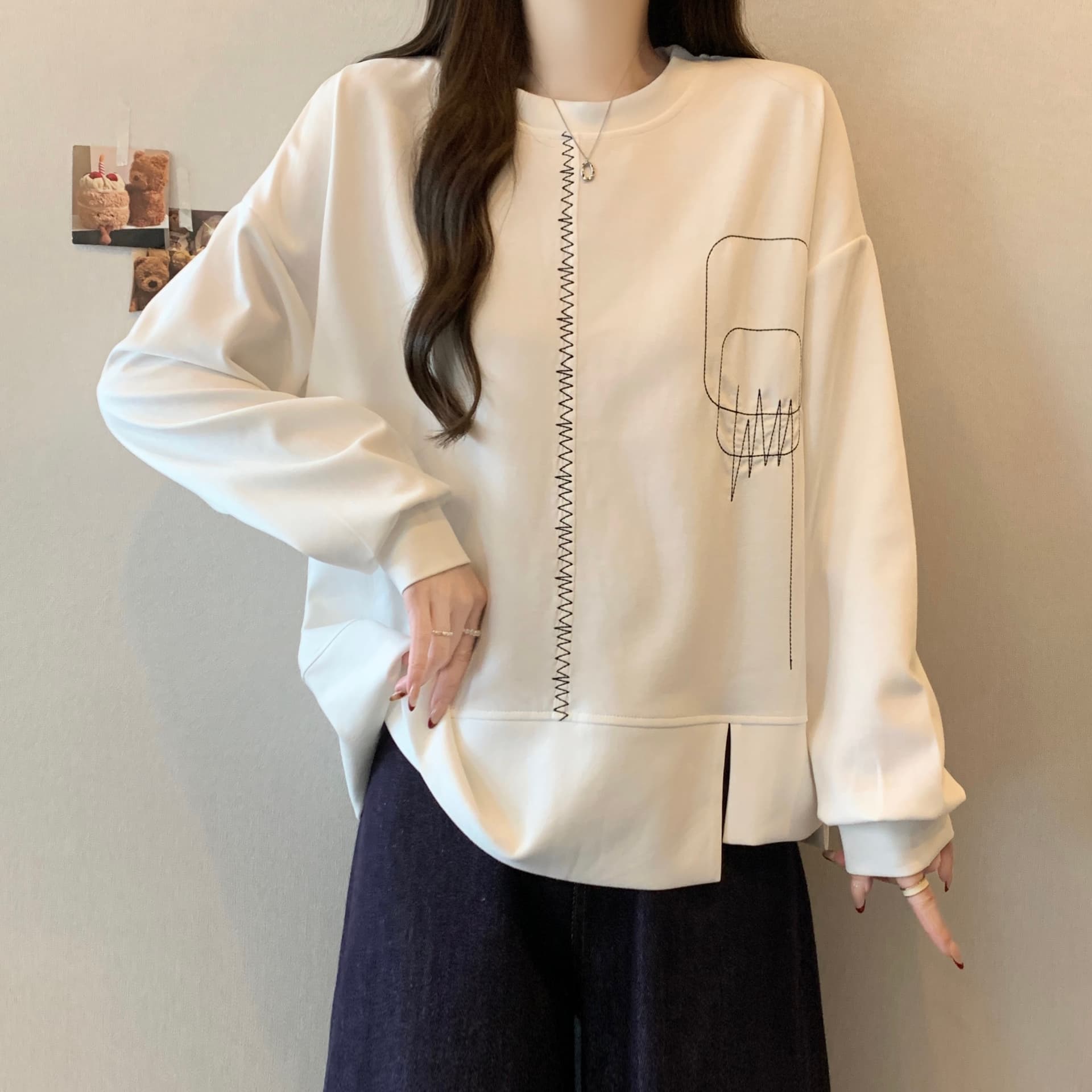 실사 빅 사이즈 새로운 고유 한 Chic 후드티 라운드 넥 루즈핏 캐주얼 외국 가스 연령 감소 긴팔 맨위 트렌디 이미지 6