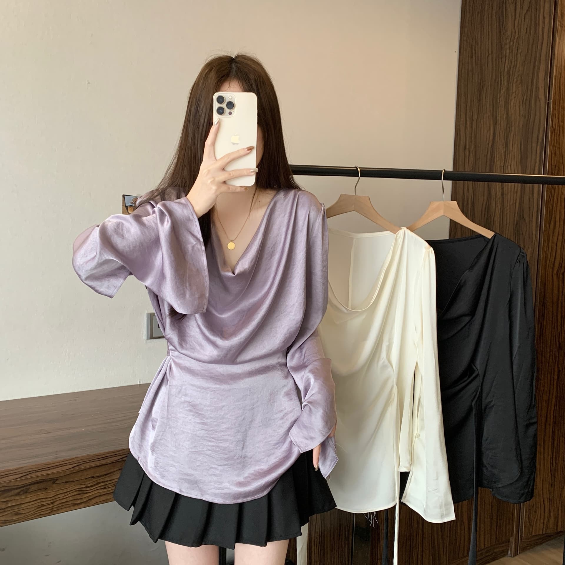 실사 빅 사이즈 슈퍼 화재 셔츠 Chic 디자인 센스 레이스업 허리 수축 셔츠 여성 흔들다 칼라 아름다운 품격 긴팔 맨위 이미지 2