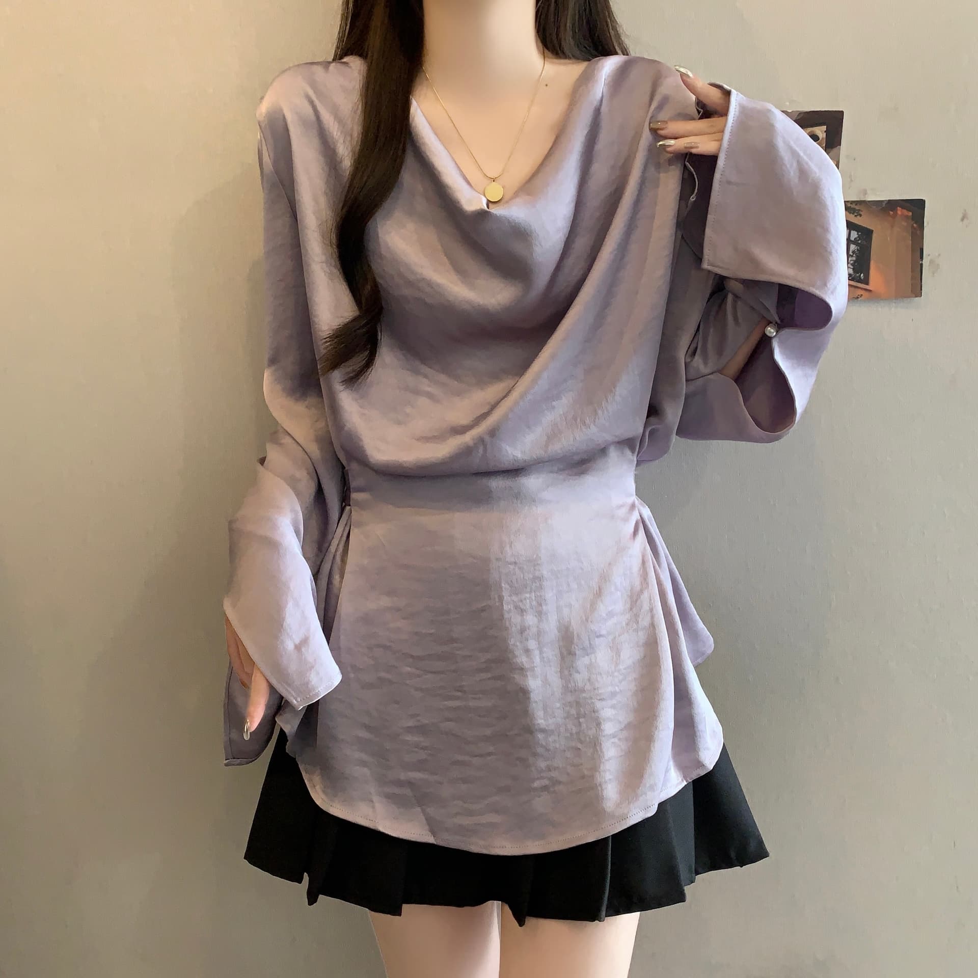 실사 빅 사이즈 슈퍼 화재 셔츠 Chic 디자인 센스 레이스업 허리 수축 셔츠 여성 흔들다 칼라 아름다운 품격 긴팔 맨위 상세 이미지 3
