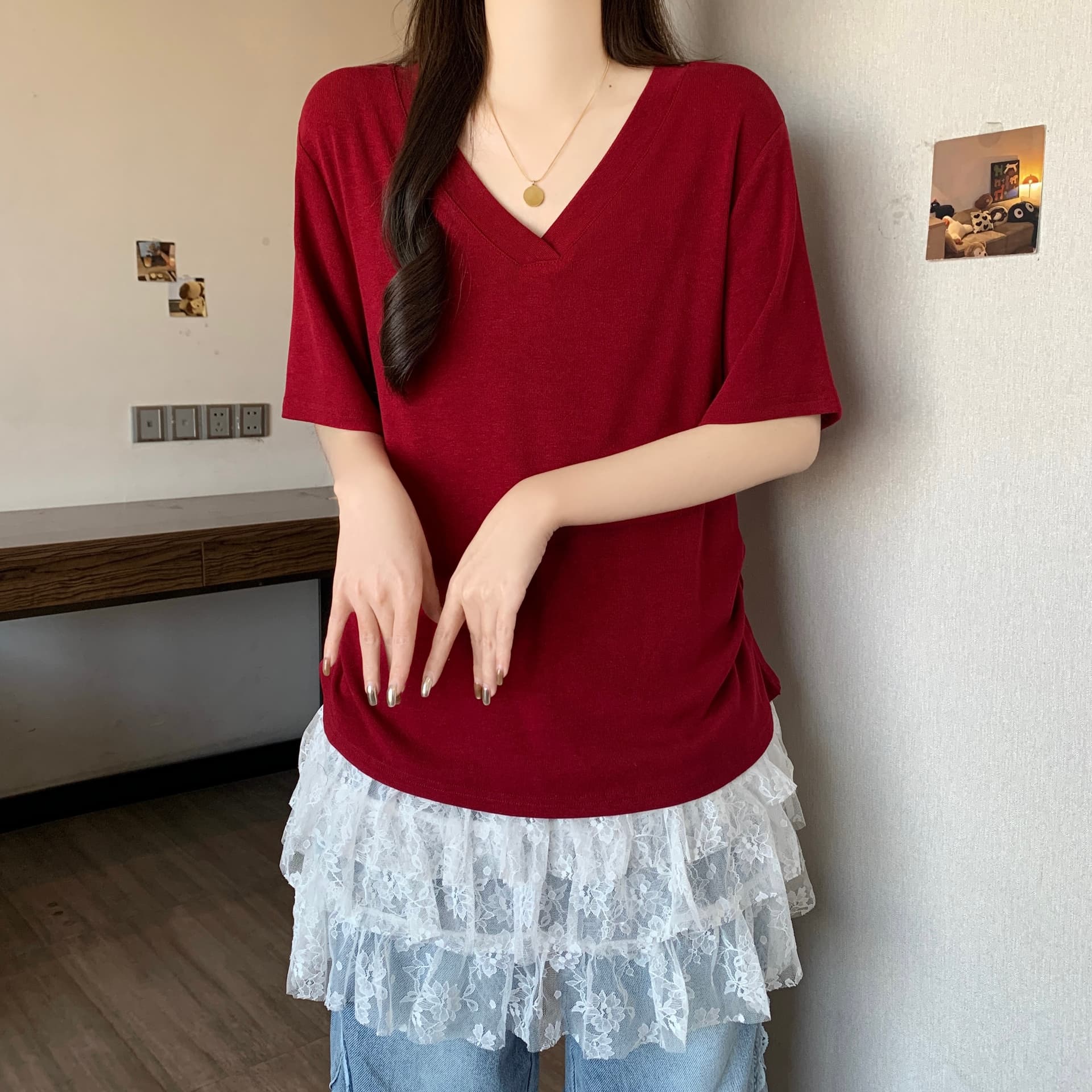 실사 빅 사이즈 여성 의류 반팔 티셔츠 플러스 달콤함 레이스 반팔 봄 여름 지방 mm 루즈핏 중간 길이 투피스 세트 이미지 6