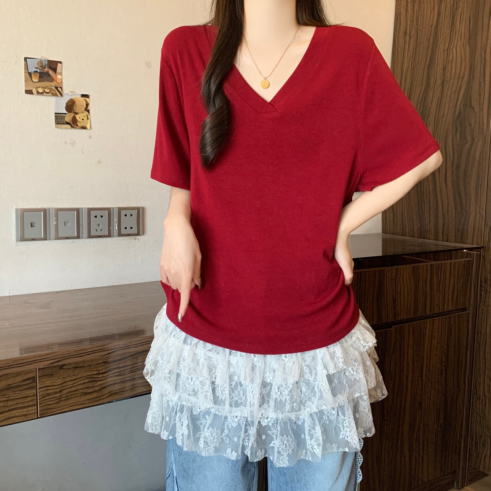 실사 빅 사이즈 여성 의류 반팔 티셔츠 플러스 달콤함 레이스 반팔 봄 여름 지방 mm 루즈핏 중간 길이 투피스 세트 상세 이미지 6