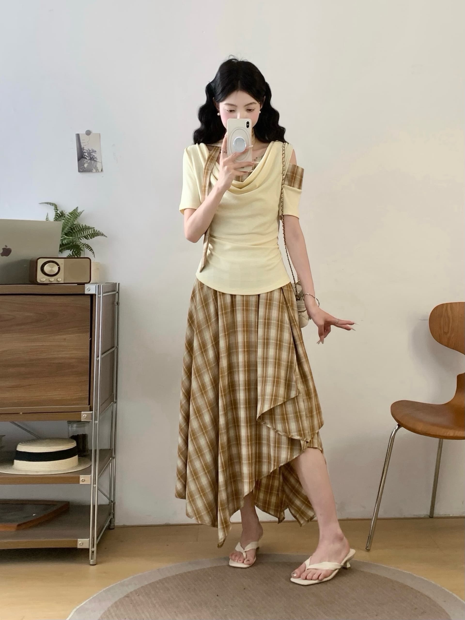 여름 착용 가져 가라. 전체 집합 마이크로 지방 mm 프랑스식 품격 디자인 센스 핫걸 오프숄더 티셔츠 반신 스커트 투피스 슈트 상세 이미지 1
