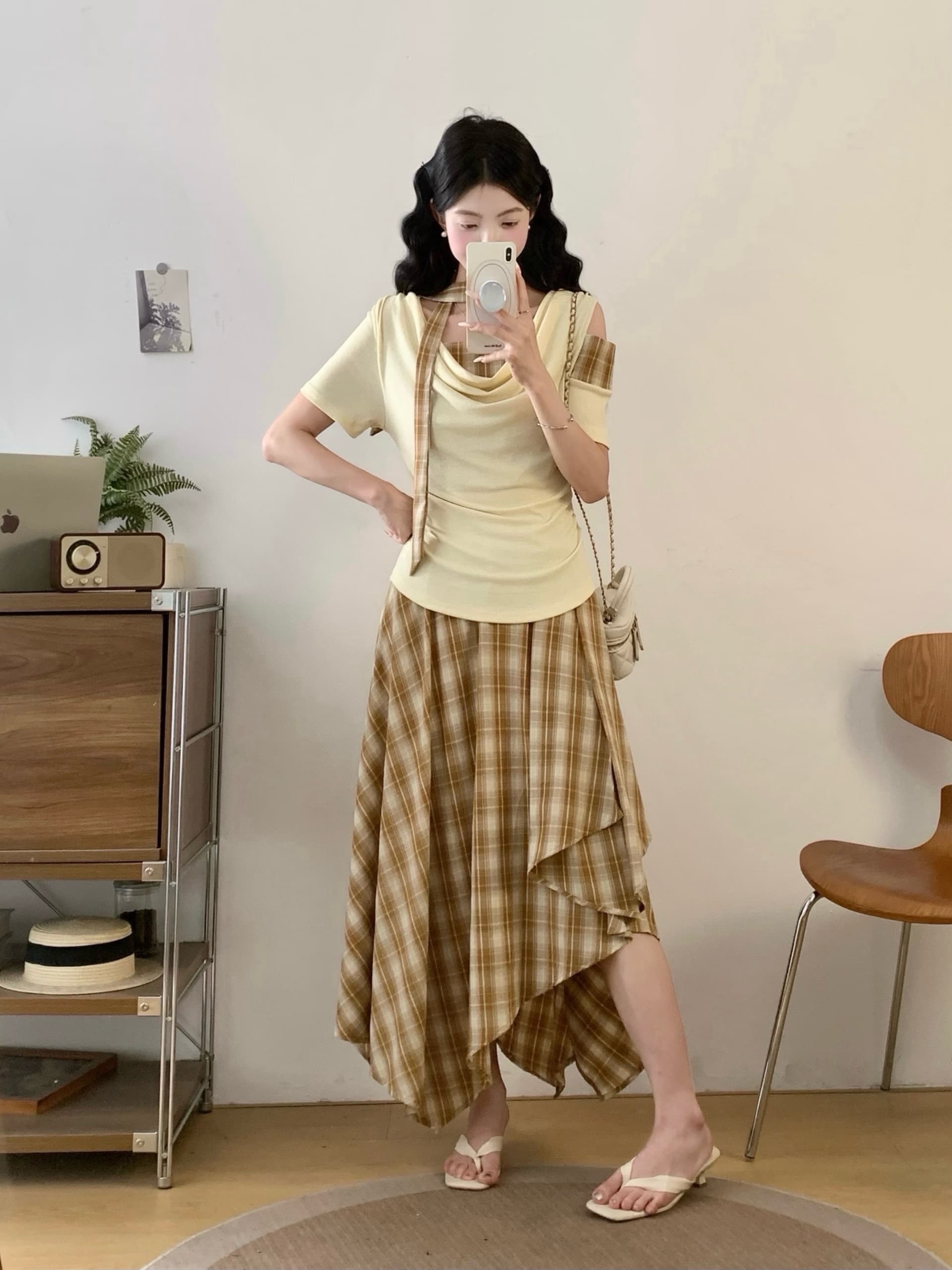 여름 착용 가져 가라. 전체 집합 마이크로 지방 mm 프랑스식 품격 디자인 센스 핫걸 오프숄더 티셔츠 반신 스커트 투피스 슈트 상세 이미지 4
