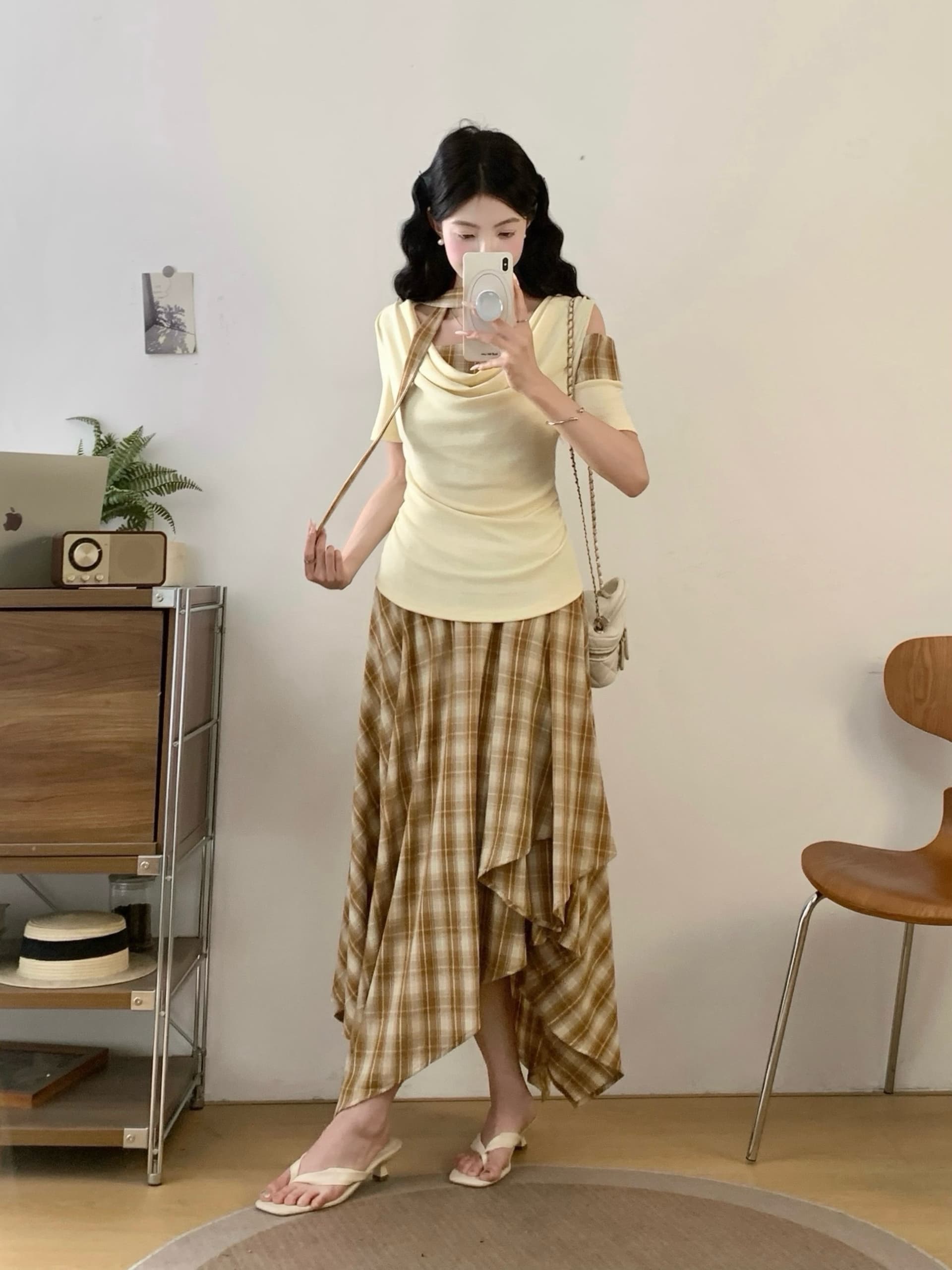 여름 착용 가져 가라. 전체 집합 마이크로 지방 mm 프랑스식 품격 디자인 센스 핫걸 오프숄더 티셔츠 반신 스커트 투피스 슈트 상세 이미지 5