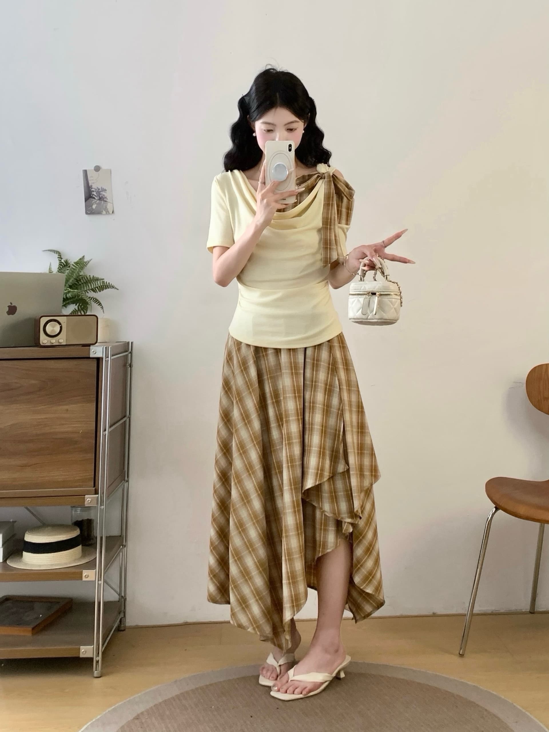 여름 착용 가져 가라. 전체 집합 마이크로 지방 mm 프랑스식 품격 디자인 센스 핫걸 오프숄더 티셔츠 반신 스커트 투피스 슈트 상세 이미지 8