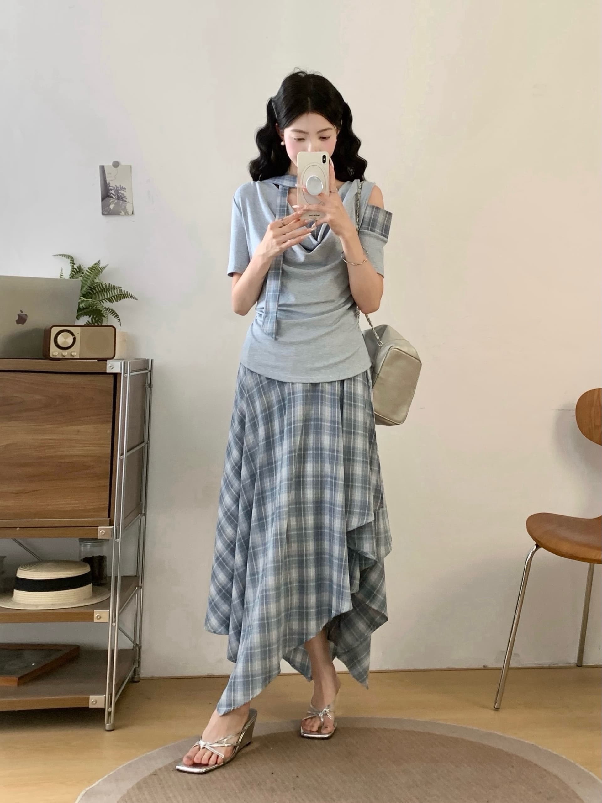여름 착용 가져 가라. 전체 집합 마이크로 지방 mm 프랑스식 품격 디자인 센스 핫걸 오프숄더 티셔츠 반신 스커트 투피스 슈트 상세 이미지 10