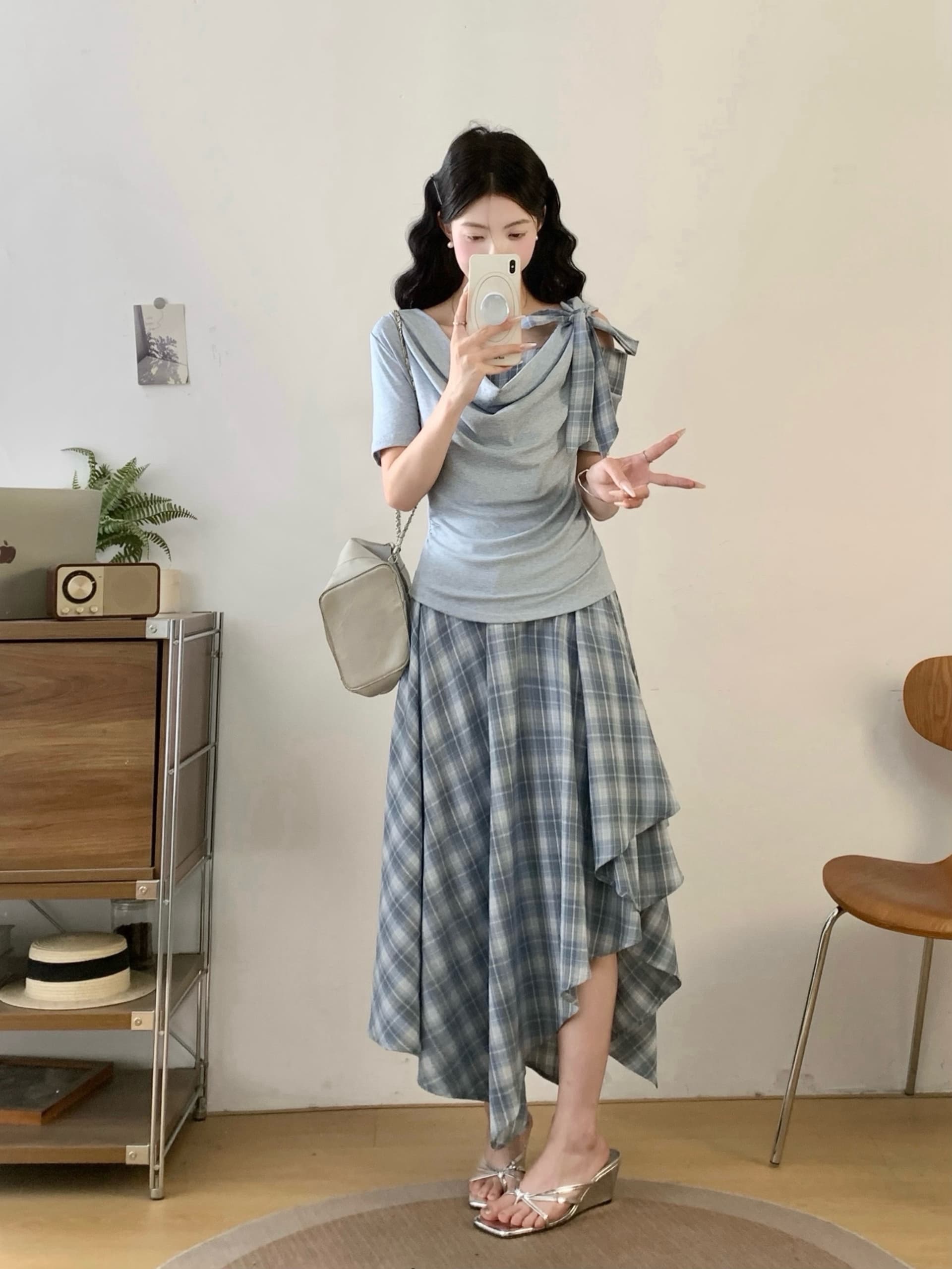 여름 착용 가져 가라. 전체 집합 마이크로 지방 mm 프랑스식 품격 디자인 센스 핫걸 오프숄더 티셔츠 반신 스커트 투피스 슈트 상세 이미지 16