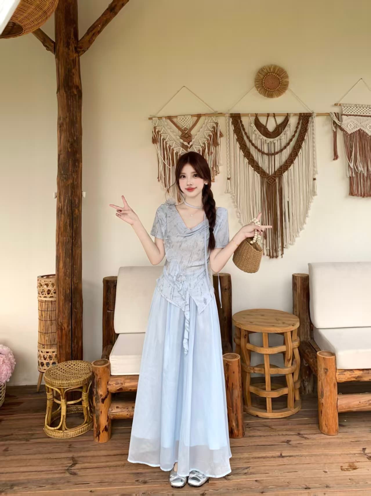 달콤함 흔들다 칼라 반팔 고급 디자인 센스 여름 빅 사이즈 mm 디스플레이 농땡이 부리다 세트 이미지 3