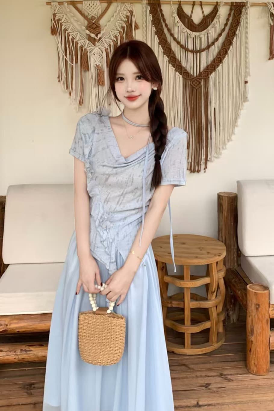 달콤함 흔들다 칼라 반팔 고급 디자인 센스 여름 빅 사이즈 mm 디스플레이 농땡이 부리다 세트 이미지 6