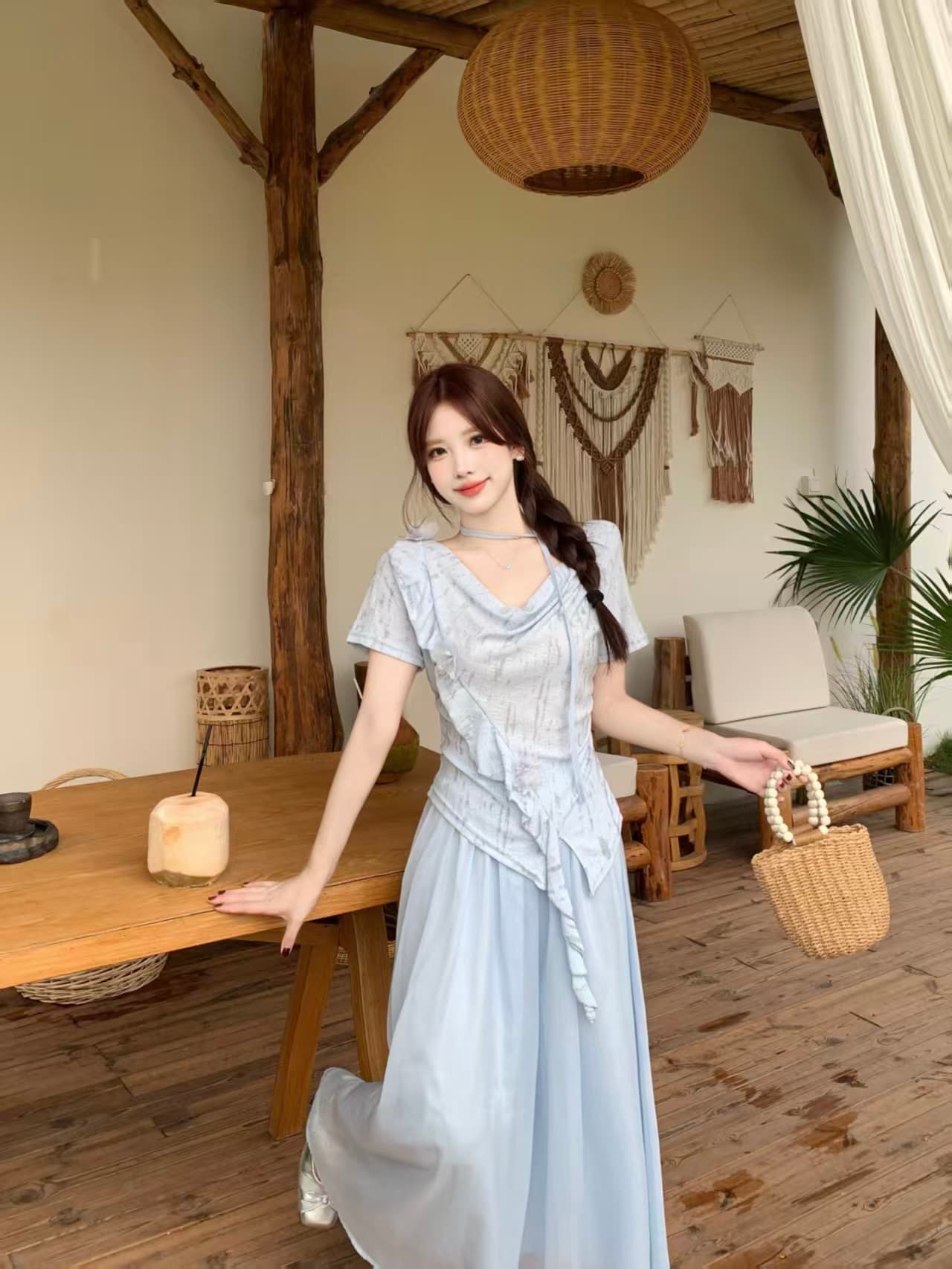 달콤함 흔들다 칼라 반팔 고급 디자인 센스 여름 빅 사이즈 mm 디스플레이 농땡이 부리다 세트 상세 이미지 2