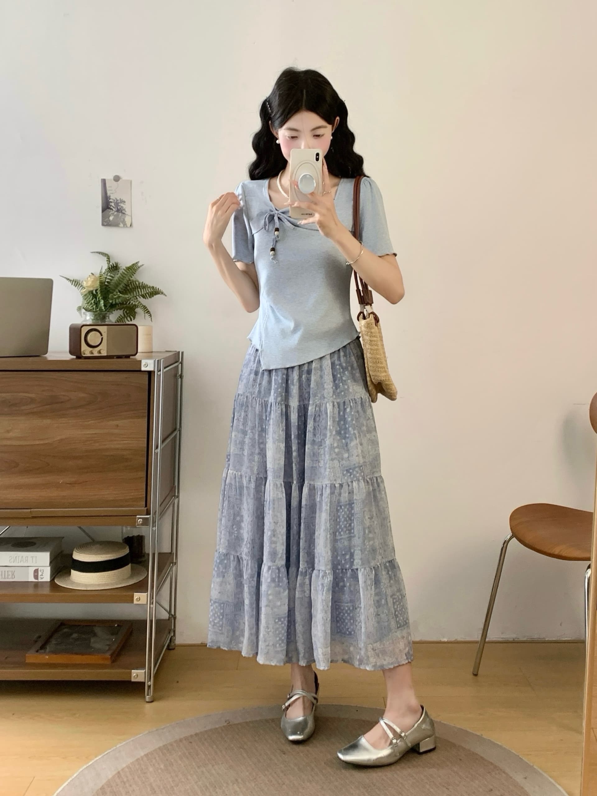 실사 빅 사이즈 여름 고유 한 아름다운 프랑스식 관대 한 점잖은 아름다운 부드러운 바람 맨위 반신 치마 세트 상세 이미지 13