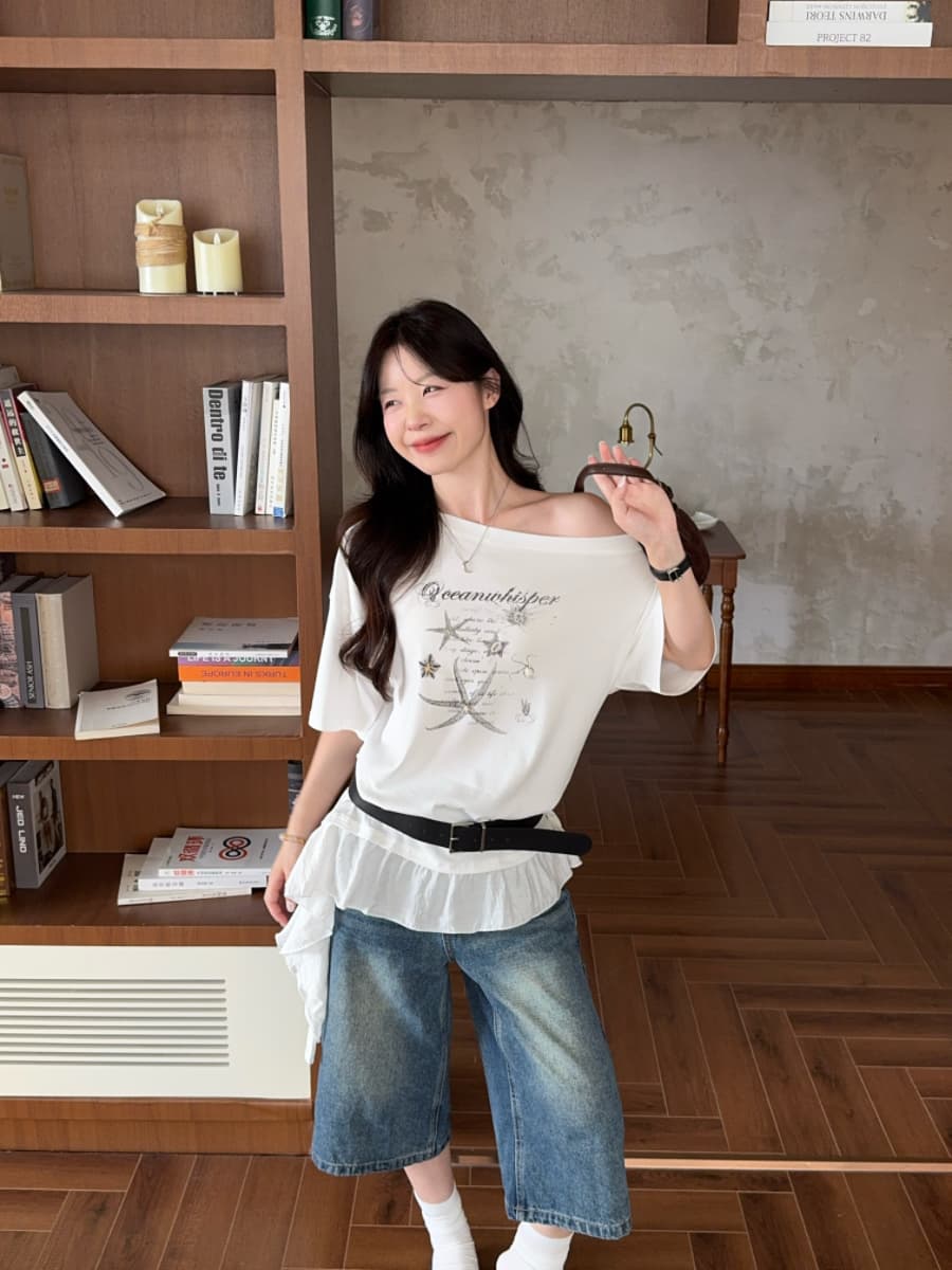 실사 빅 사이즈 연령 감소 한 스타일 비스듬한 칼라 풀오버 반팔 프린트 패치워크 불규칙 프릴 3 차원 로드 중 티셔츠 이미지 3