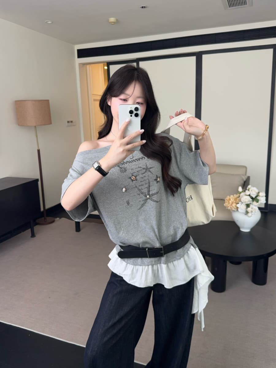 실사 빅 사이즈 연령 감소 한 스타일 비스듬한 칼라 풀오버 반팔 프린트 패치워크 불규칙 프릴 3 차원 로드 중 티셔츠 이미지 4