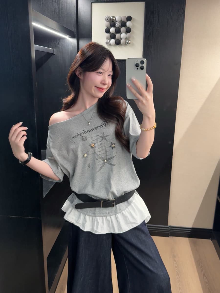 실사 빅 사이즈 연령 감소 한 스타일 비스듬한 칼라 풀오버 반팔 프린트 패치워크 불규칙 프릴 3 차원 로드 중 티셔츠 이미지 2