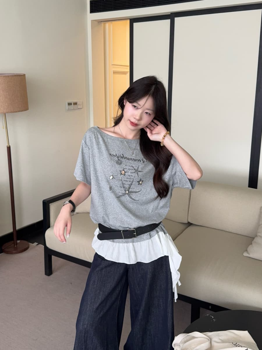 실사 빅 사이즈 연령 감소 한 스타일 비스듬한 칼라 풀오버 반팔 프린트 패치워크 불규칙 프릴 3 차원 로드 중 티셔츠 상세 이미지 10
