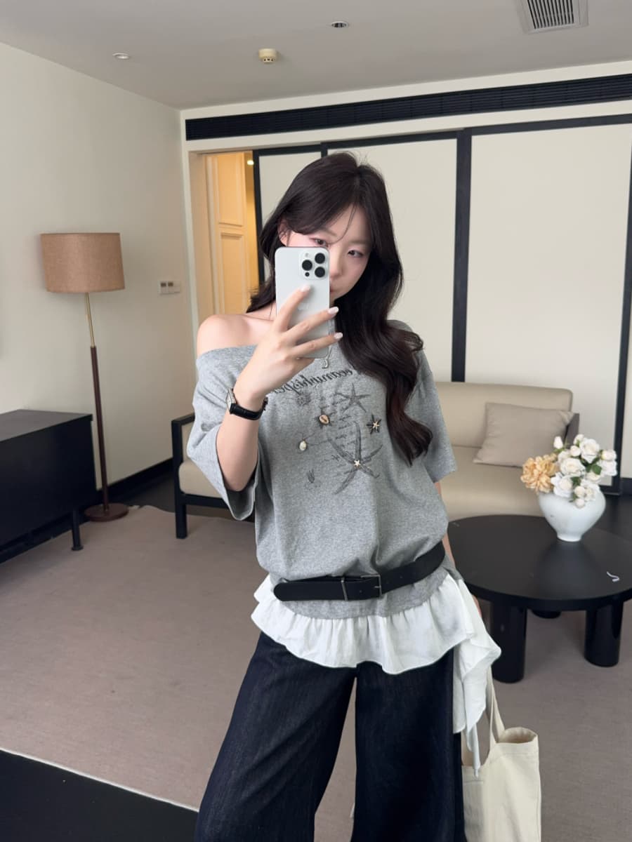 실사 빅 사이즈 연령 감소 한 스타일 비스듬한 칼라 풀오버 반팔 프린트 패치워크 불규칙 프릴 3 차원 로드 중 티셔츠 상세 이미지 12