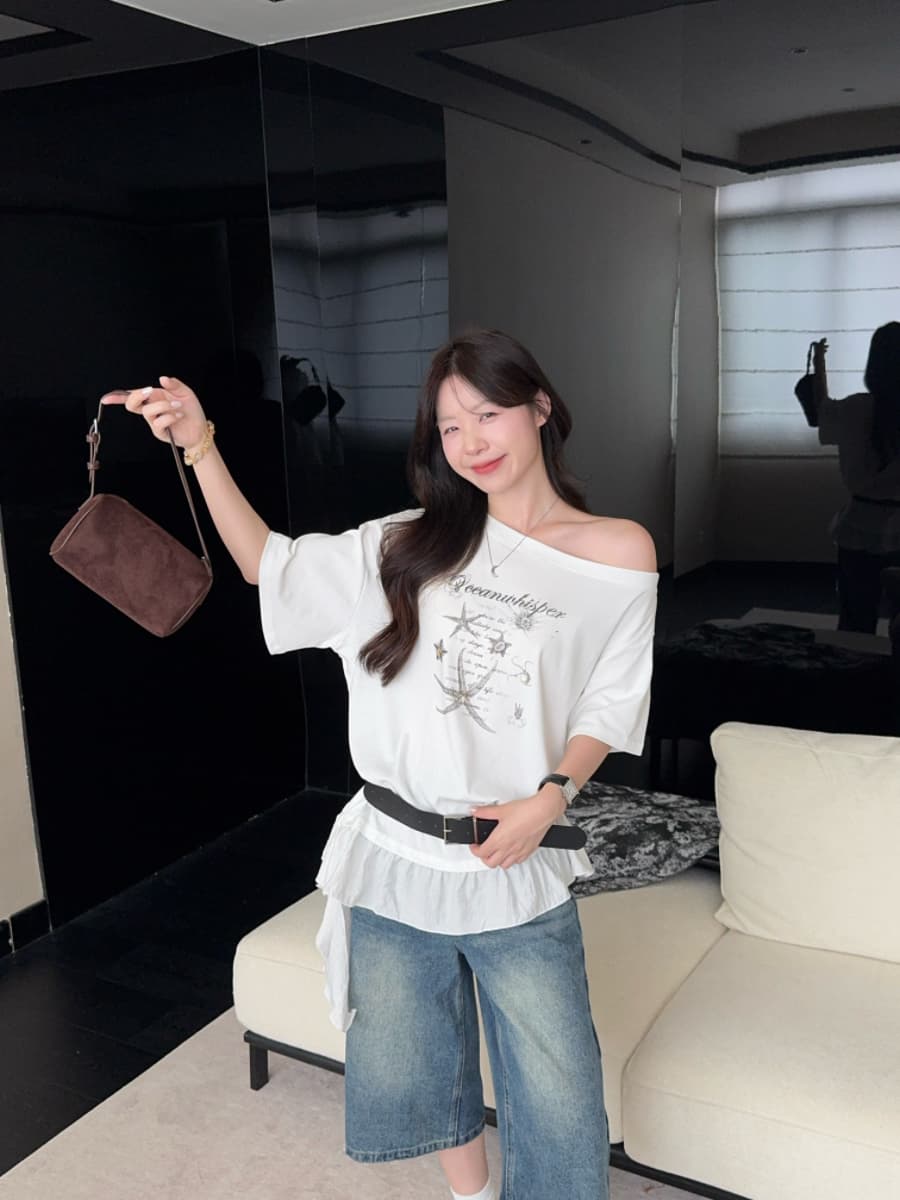 실사 빅 사이즈 연령 감소 한 스타일 비스듬한 칼라 풀오버 반팔 프린트 패치워크 불규칙 프릴 3 차원 로드 중 티셔츠 상세 이미지 15