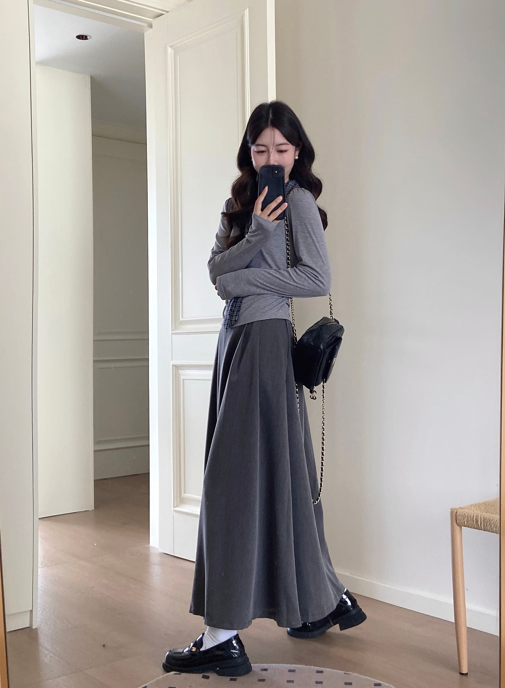 실사 학원 스타일 체크무늬 폴로 칼라 패치워크 티셔츠 맨위 반신 치마 세트 여성 가을 2026 새로운 투피스 세트 상세 이미지 8