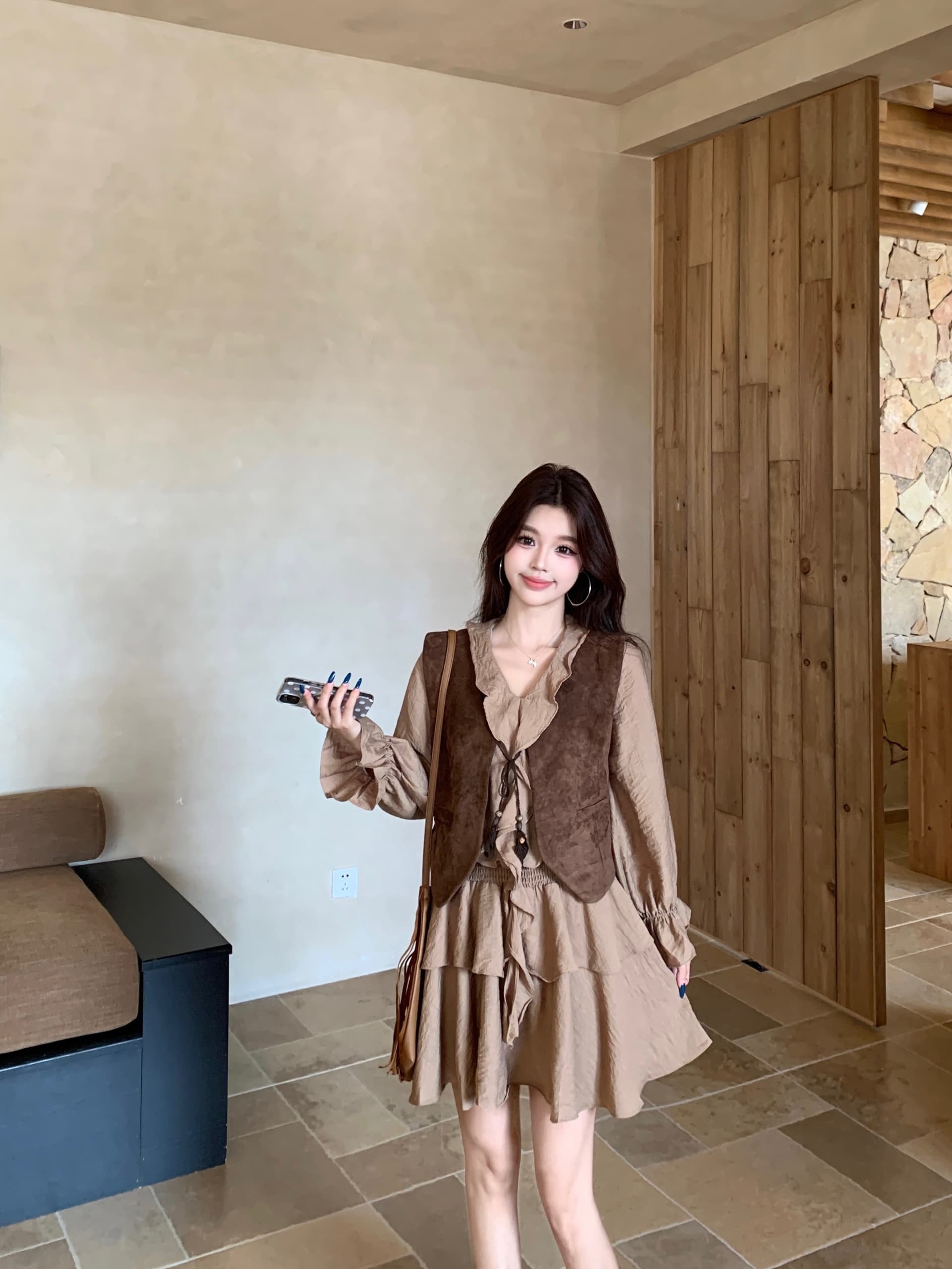 실사 한국 스타일 레트로 베스트 점프 슈트 치마 세트 여성 2026 가을 새로운 프릴 A라인 스커트 투피스 세트