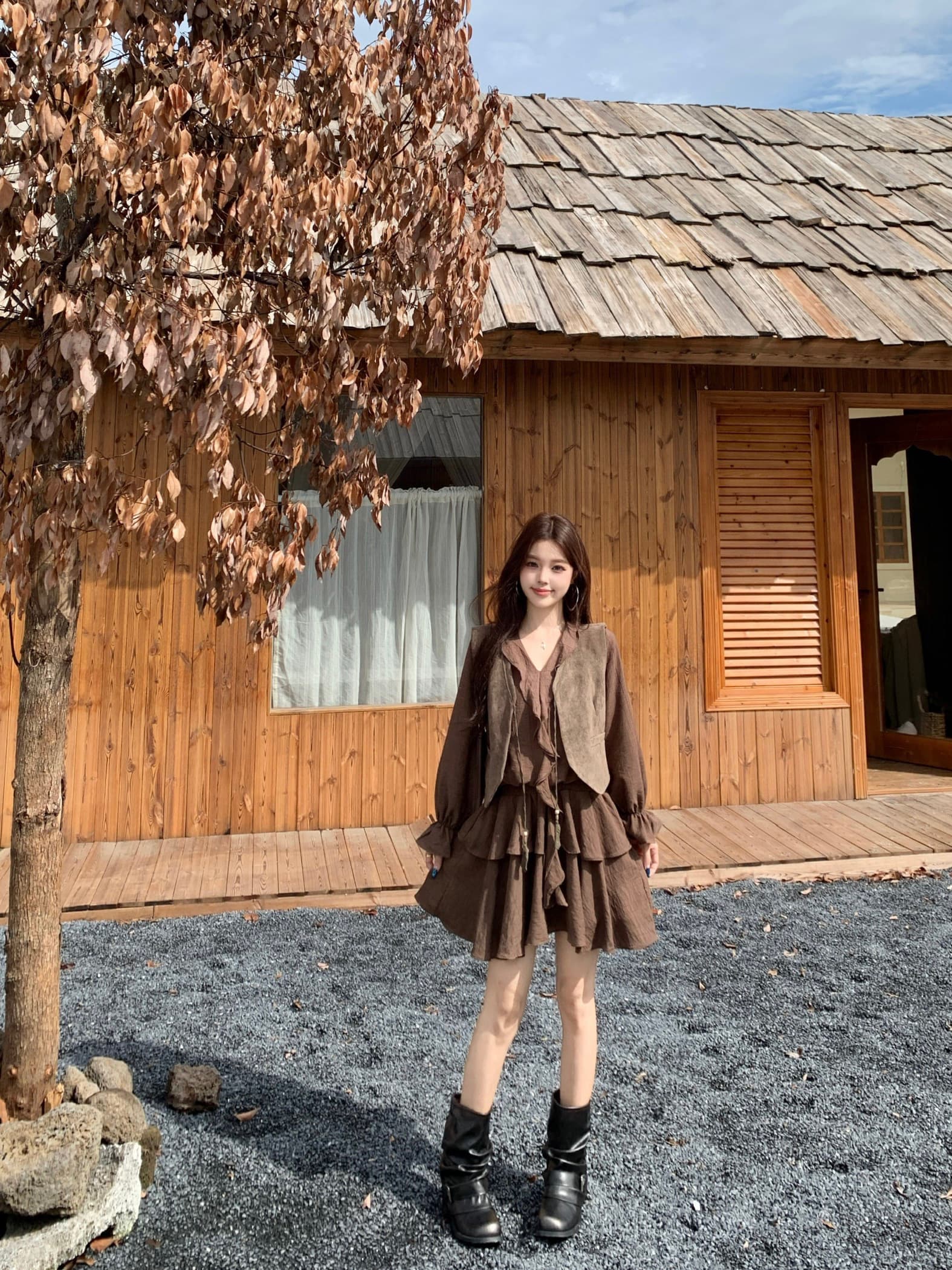 실사 한국 스타일 레트로 베스트 점프 슈트 치마 세트 여성 2026 가을 새로운 프릴 A라인 스커트 투피스 세트 이미지 4