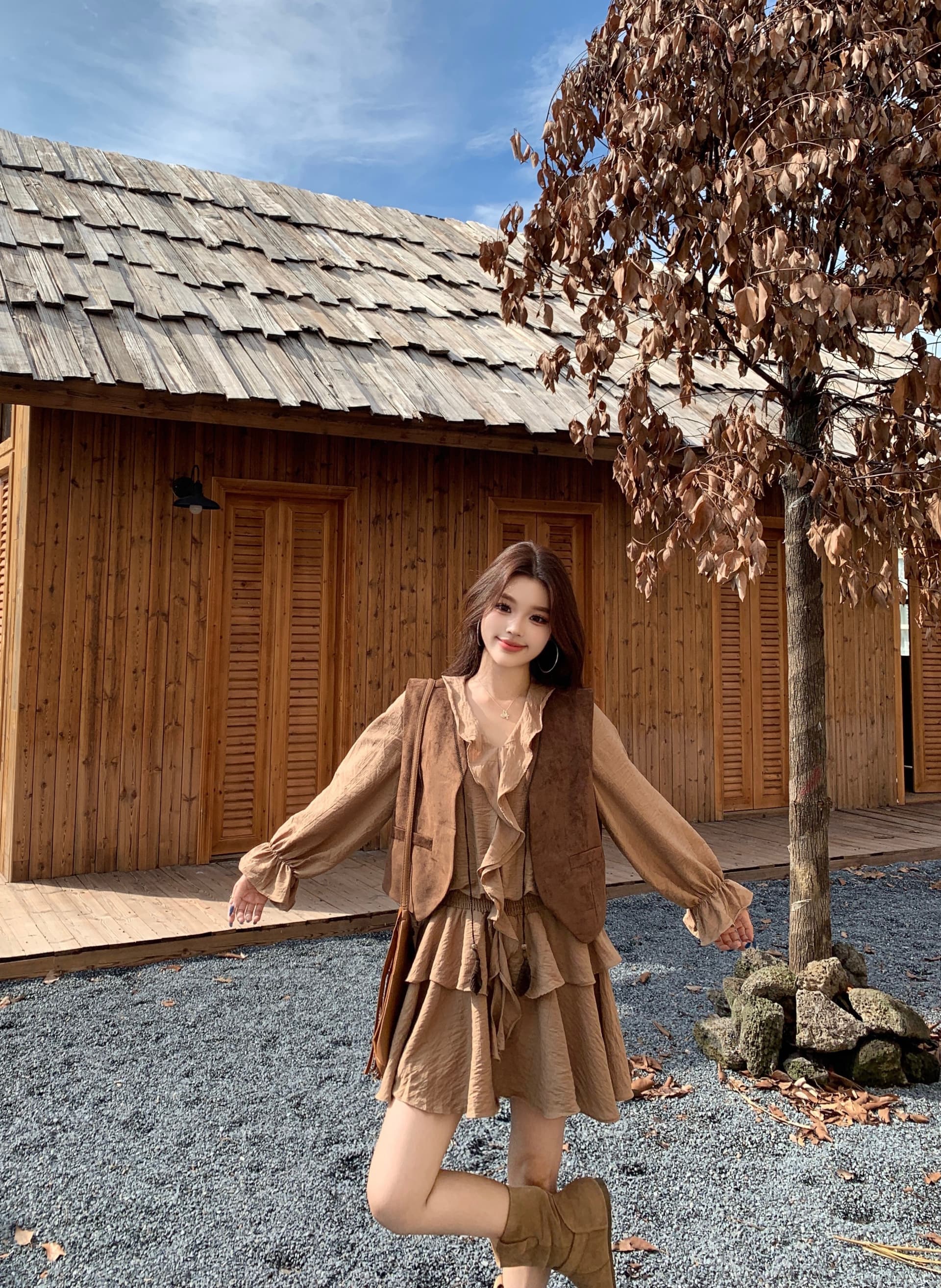 실사 한국 스타일 레트로 베스트 점프 슈트 치마 세트 여성 2026 가을 새로운 프릴 A라인 스커트 투피스 세트 상세 이미지 8