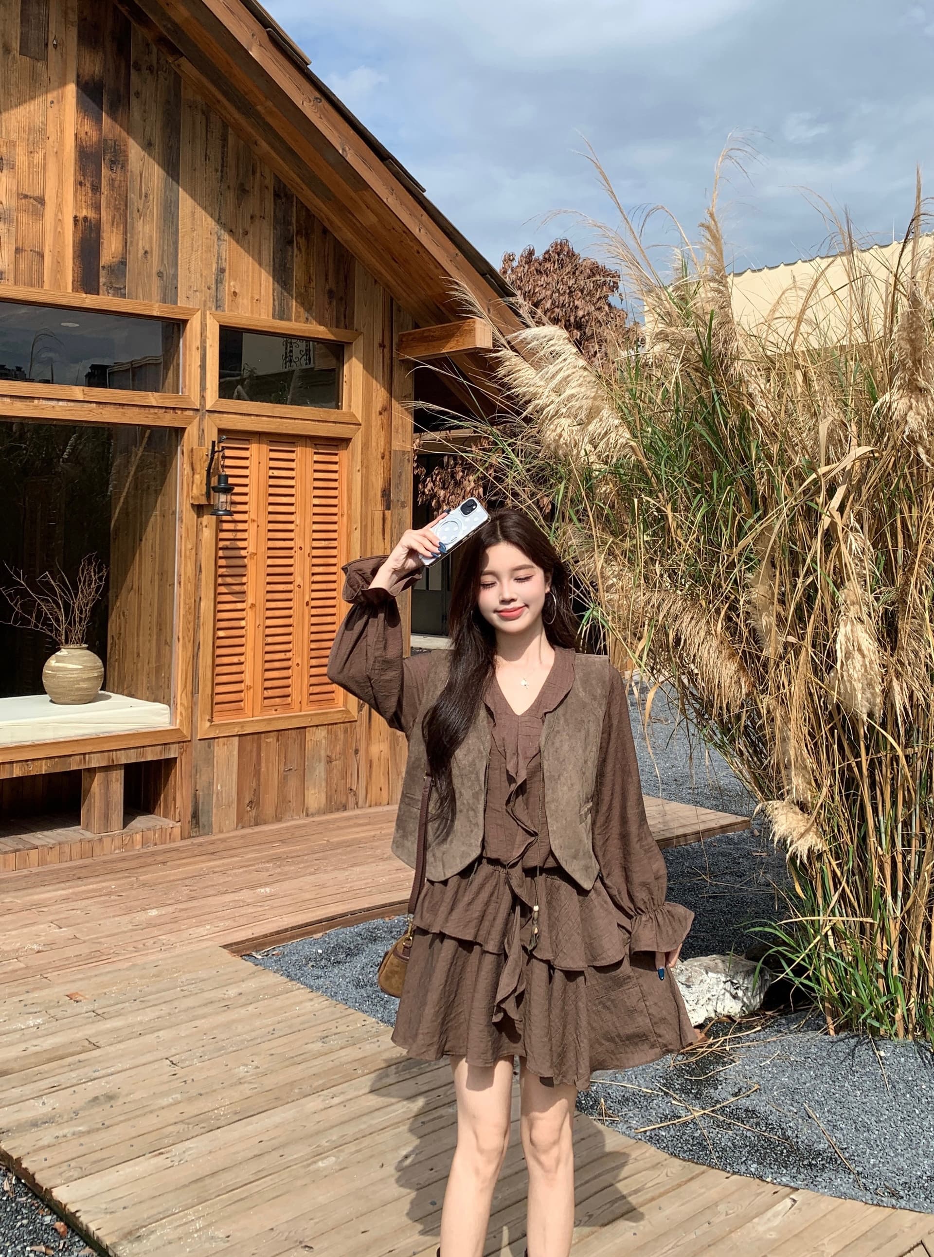 실사 한국 스타일 레트로 베스트 점프 슈트 치마 세트 여성 2026 가을 새로운 프릴 A라인 스커트 투피스 세트 상세 이미지 22