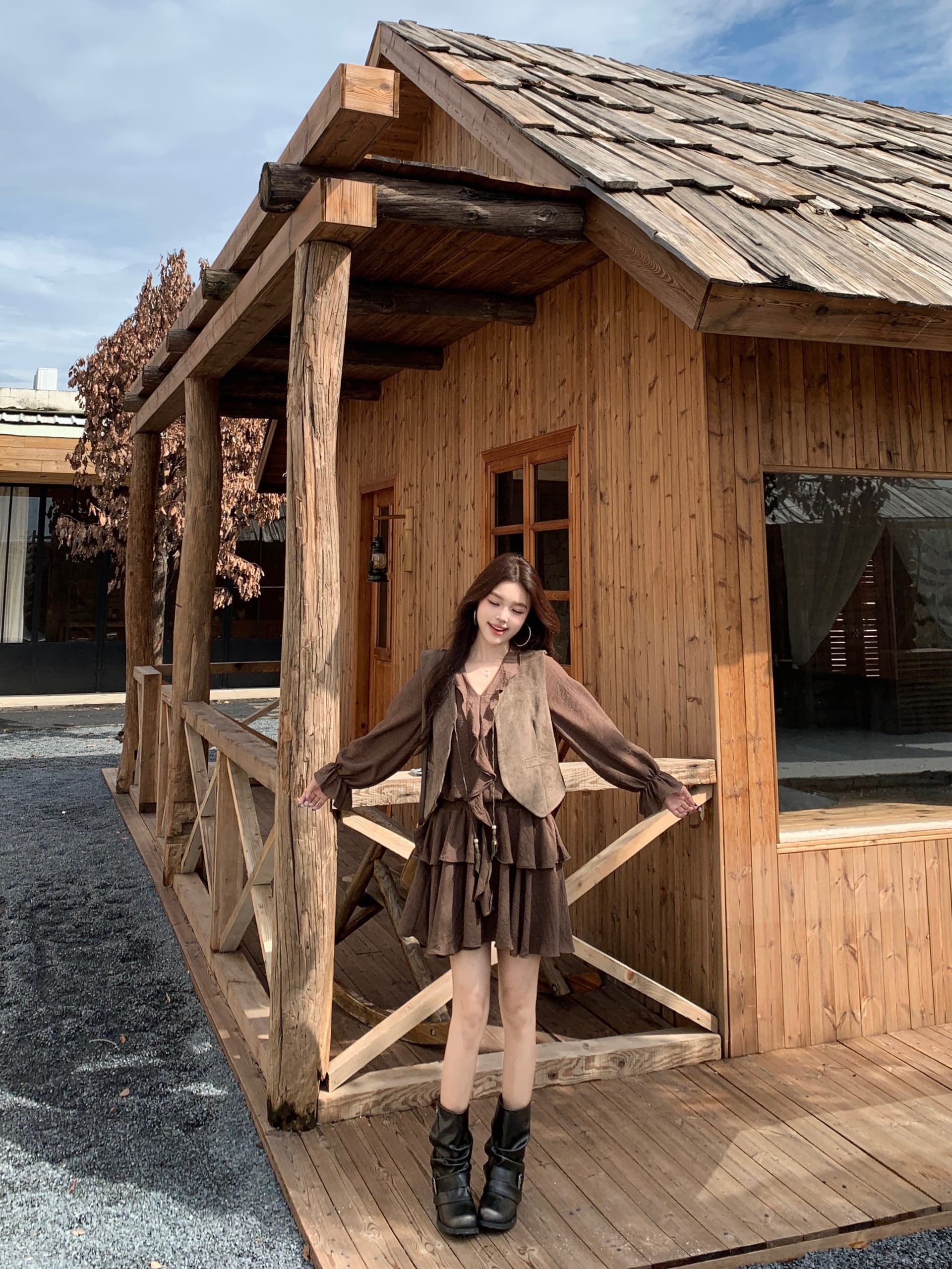 실사 한국 스타일 레트로 베스트 점프 슈트 치마 세트 여성 2026 가을 새로운 프릴 A라인 스커트 투피스 세트 상세 이미지 24