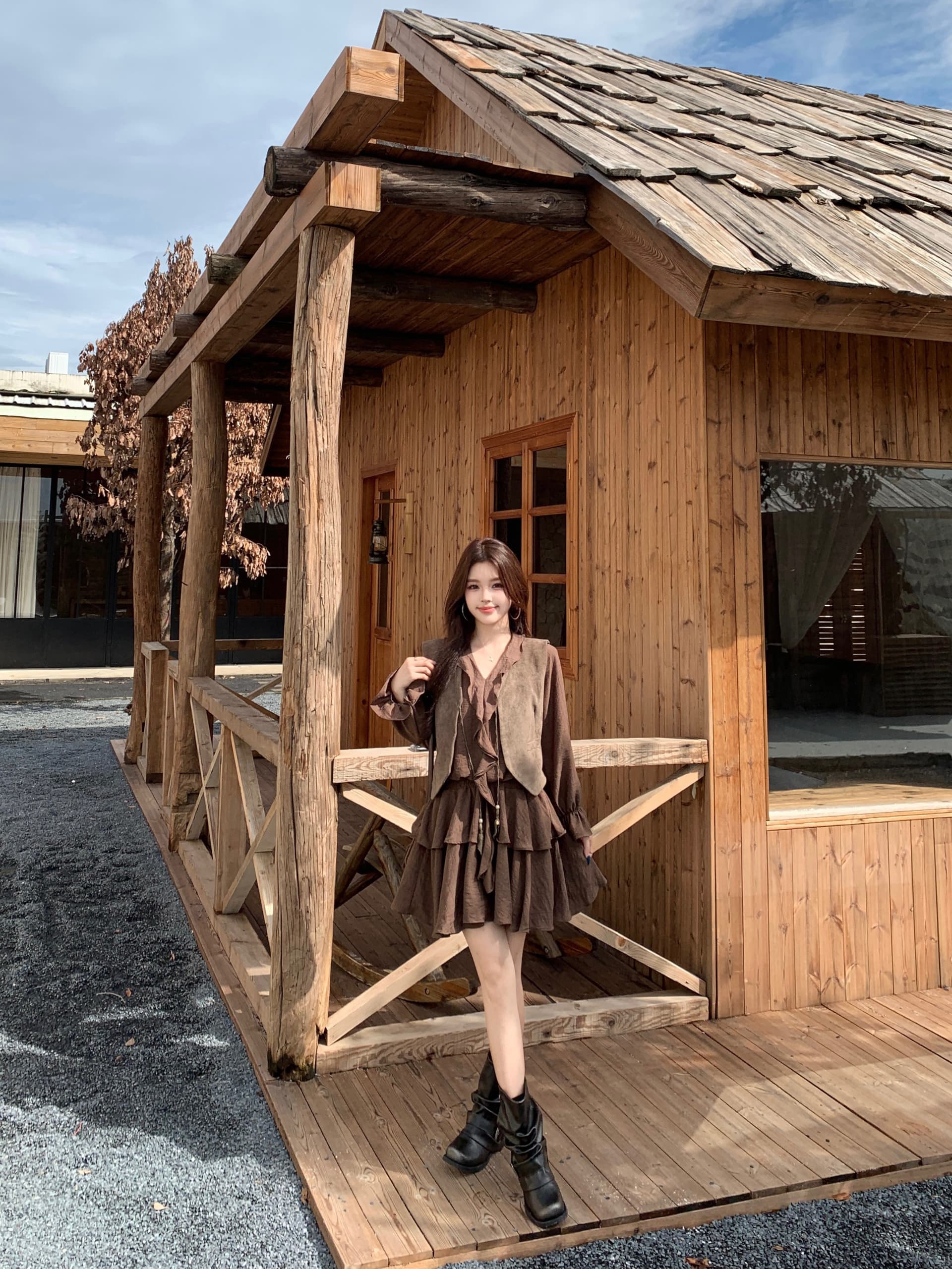 실사 한국 스타일 레트로 베스트 점프 슈트 치마 세트 여성 2026 가을 새로운 프릴 A라인 스커트 투피스 세트 상세 이미지 32