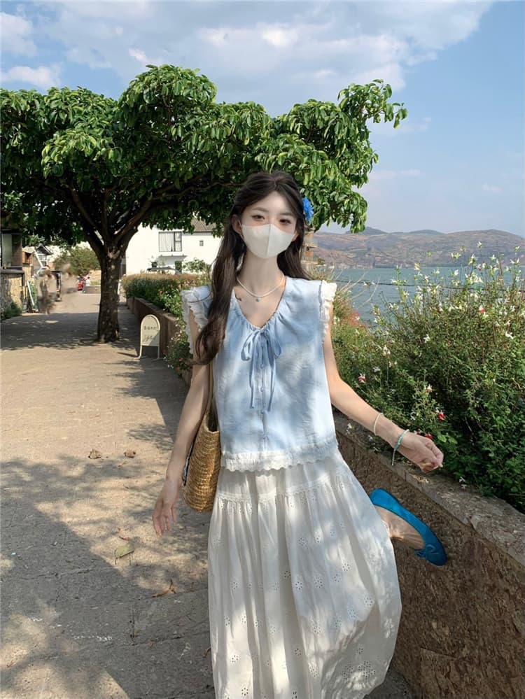 실사 정가 여름 달콤함 레이스 레이스 루즈핏 상쾌 민소매 셔츠 중간 길이 반신 스커트 상세 이미지 9