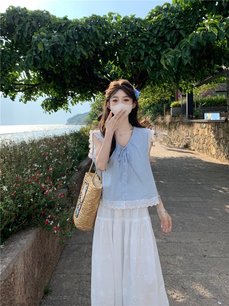 실사 정가 여름 달콤함 레이스 레이스 루즈핏 상쾌 민소매 셔츠 중간 길이 반신 스커트 상세 이미지 12