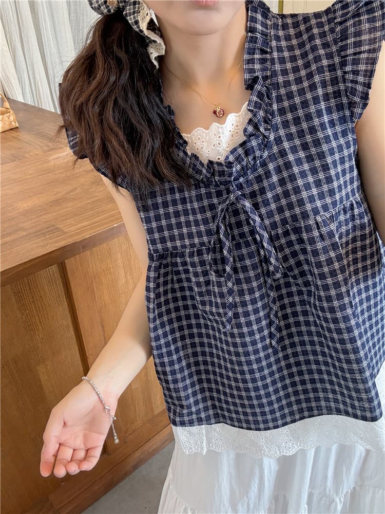 한 부서 체크무늬 페이크 레이어드 여성 셔츠 여름 레이스 패치워크 연령 감소 민소매 인형 셔츠 상세 이미지 14